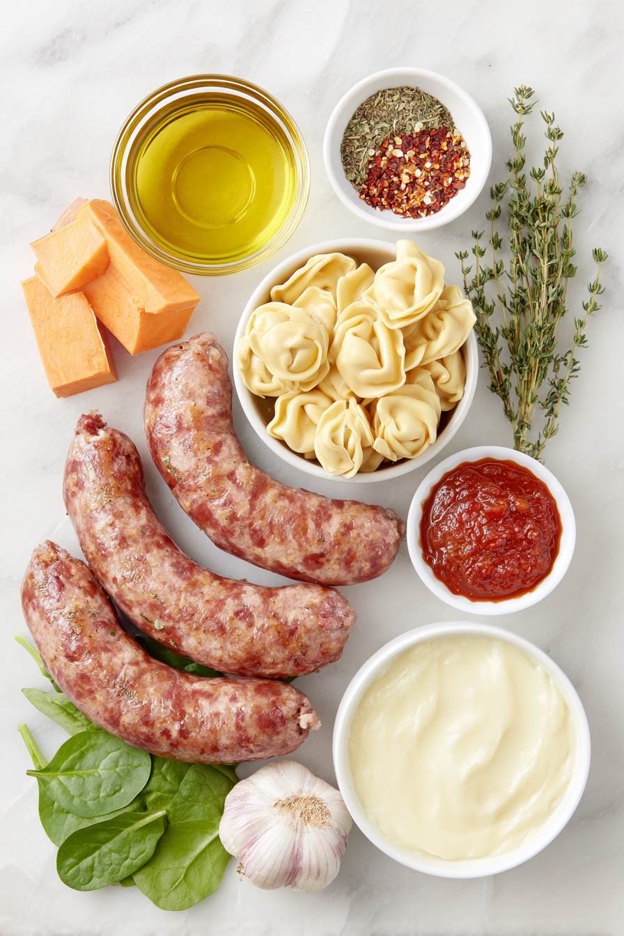 Creamy Sausage Tortellini Soup, hearty sausage tortellini soup, easy creamy tortellini soup, cozy weeknight soup recipes, flavorful Italian sausage soup - Flat lay of fresh spicy Italian sausage links, a small white bowl of golden olive oil, a small white bowl with mixed Italian seasoning herbs, a vibrant orange peeled and cubed large sweet potato, five peeled garlic cloves, a small white bowl with red pepper flakes, a small white bowl of rich red tomato paste, a small white bowl filled with clear water, a neat pile of fresh three-cheese tortellini pasta, a small pile of fresh green spinach leaves, a small white bowl filled with thick heavy cream, and several sprigs of fresh thyme placed on a clean white marble surface, soft natural light, photo taken with an iPhone, professional food photography style, fresh ingredients, white ceramic bowls, no bottles, no duplicates, no utensils, no packaging --ar 2:3 --v 7 --p m7354615311229779997