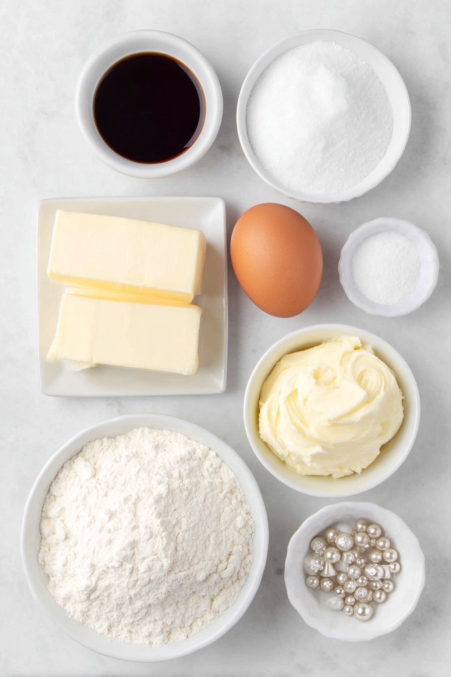 Christmas Tree Cookie Stackers, festive holiday cookies, Christmas cookie ideas, holiday cookie decorating, easy Christmas cookies - Flat lay of softened unsalted butter in a small white ceramic bowl, a small white bowl filled with fine white confectioners' sugar, one whole large brown egg with a clean shell, a small white bowl of clear vanilla extract, a modest mound of all-purpose flour on a white ceramic plate, a small white bowl containing fine baking soda powder, a small white bowl holding fine salt crystals, a small white bowl of smooth pale yellow buttercream frosting, a small white bowl filled with bright green buttercream frosting, a scattering of tiny yellow star sprinkles arranged neatly on a white ceramic dish, and small clusters of metallic silver and gold pearl-shaped sprinkles on another white ceramic dish, all ingredients looking fresh and natural, perfectly arranged in balanced symmetry on a clean white marble surface, soft natural light, photo taken with an iPhone, professional food photography style, fresh ingredients, white ceramic bowls, no bottles, no duplicates, no utensils, no packaging --ar 2:3 --v 7 --p m7354615311229779997
