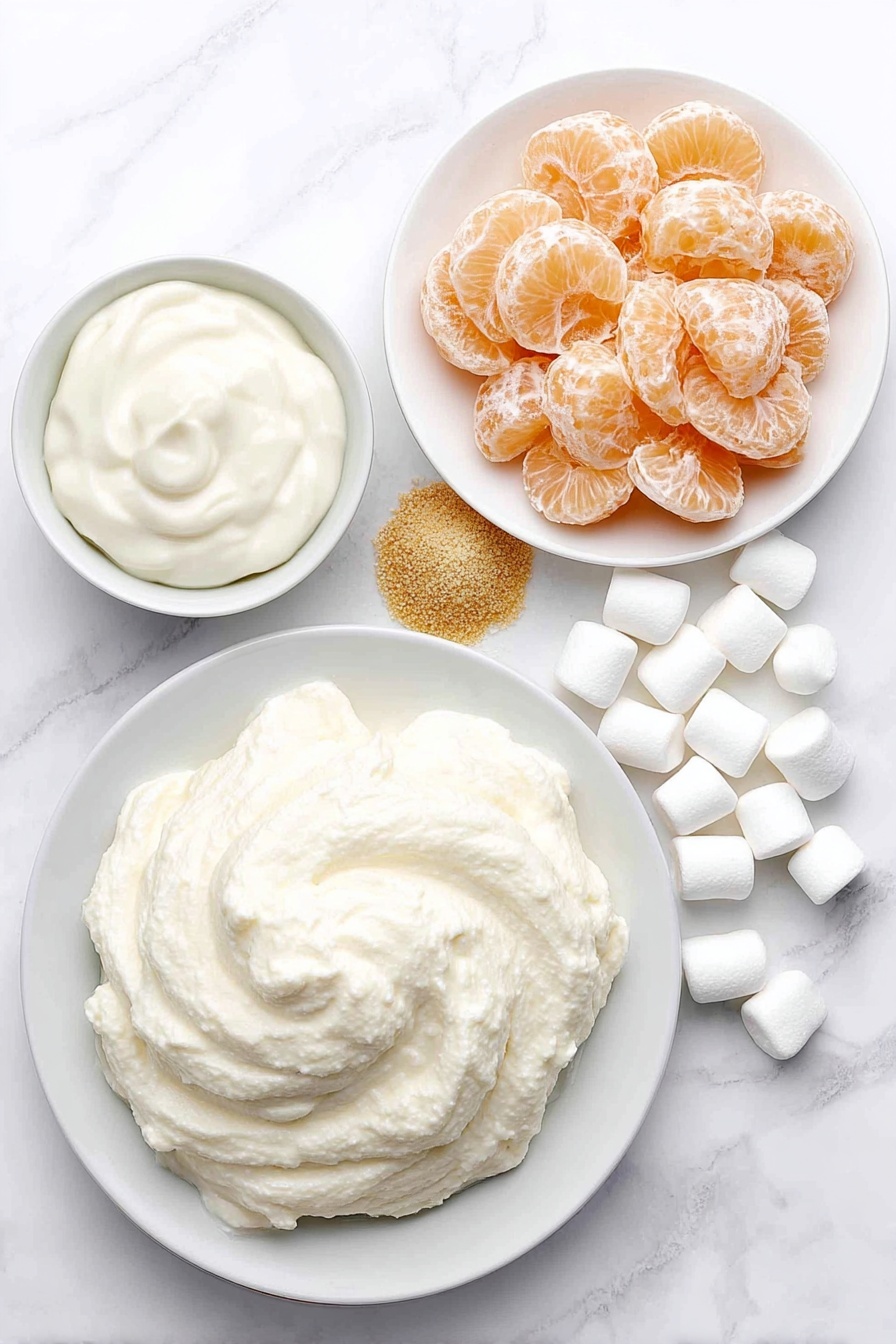 Mandarin Orange Salad with Marshmallows, citrus fruit salad, creamy fruit salad, nostalgic dessert salad, easy potluck salad - Flat lay of a small mound of smooth, fluffy thawed Cool Whip on a simple white ceramic plate, a dollop of thick creamy sour cream in a small white bowl, a small mound of bright orange powdery orange-flavored gelatin on a white ceramic plate, a neat pile of glossy, plump mandarin orange segments without juice on a white ceramic dish, and a handful of small, soft white mini marshmallows scattered gently beside the other ingredients, all arranged symmetrically and naturally placed on a clean white marble surface, soft natural light, photo taken with an iPhone, professional food photography style, fresh ingredients, white ceramic bowls, no bottles, no duplicates, no utensils, no packaging --ar 2:3 --v 7 --p m7354615311229779997