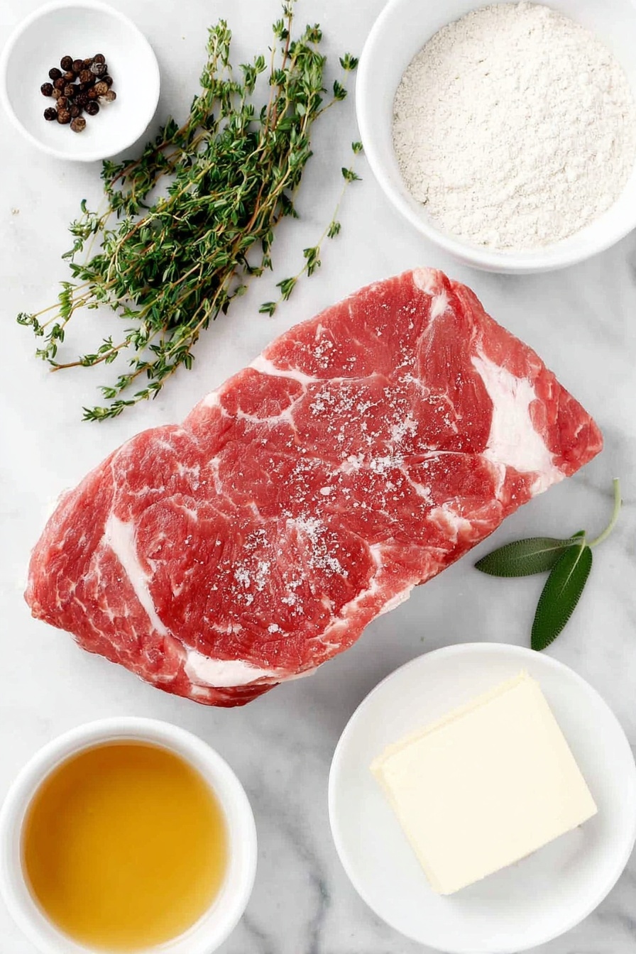 Crock Pot Pork Roast with Easy Gravy, slow cooker pork roast, tender pork recipes, effortless pork dinner, easiest pork gravy recipe - Flat lay of a fresh whole pork loin roast with a light layer of poultry seasoning, small piles of coarse salt and cracked black peppercorns, a few fresh sprigs of sage and thyme beside a pat of creamy butter on a simple white ceramic plate, a small white bowl of pale all-purpose flour, and a small white bowl filled with golden slow cooker juices blended with light chicken broth, all arranged in perfect symmetry and natural proportions, placed on a clean white marble surface, soft natural light, photo taken with an iPhone, professional food photography style, fresh ingredients, white ceramic bowls, no bottles, no duplicates, no utensils, no packaging --ar 2:3 --v 7 --p m7354615311229779997