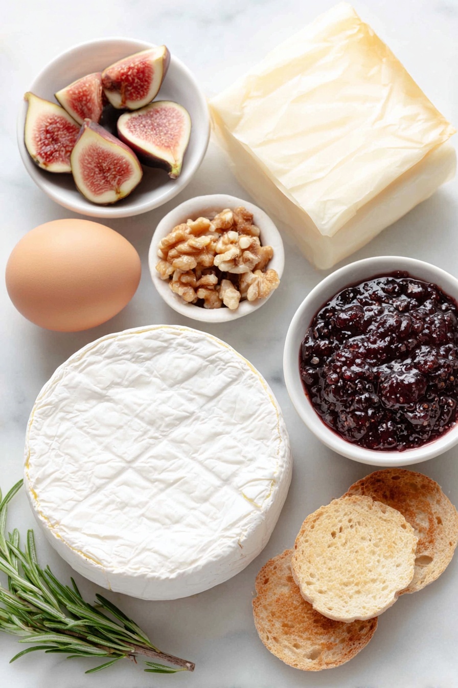 Baked Brie with Jam and Nuts, easy baked Brie appetizer, puff pastry Brie dish, festive cheese appetizer, Brie with sweet jam and nuts - Flat lay of a whole wheel of fresh brie cheese, a square sheet of thawed puff pastry, a small white bowl filled with glossy fig jam, a small white bowl with chopped walnuts, a whole uncracked brown egg, a few sprigs of fresh rosemary, and an assortment of fresh fruit slices and round crostini arranged neatly, all placed on simple white ceramic bowls or plates, perfectly balanced and symmetrical, placed on a clean white marble surface, soft natural light, photo taken with an iPhone, professional food photography style, fresh ingredients, white ceramic bowls, no bottles, no duplicates, no utensils, no packaging --ar 2:3 --v 7 --p m7354615311229779997