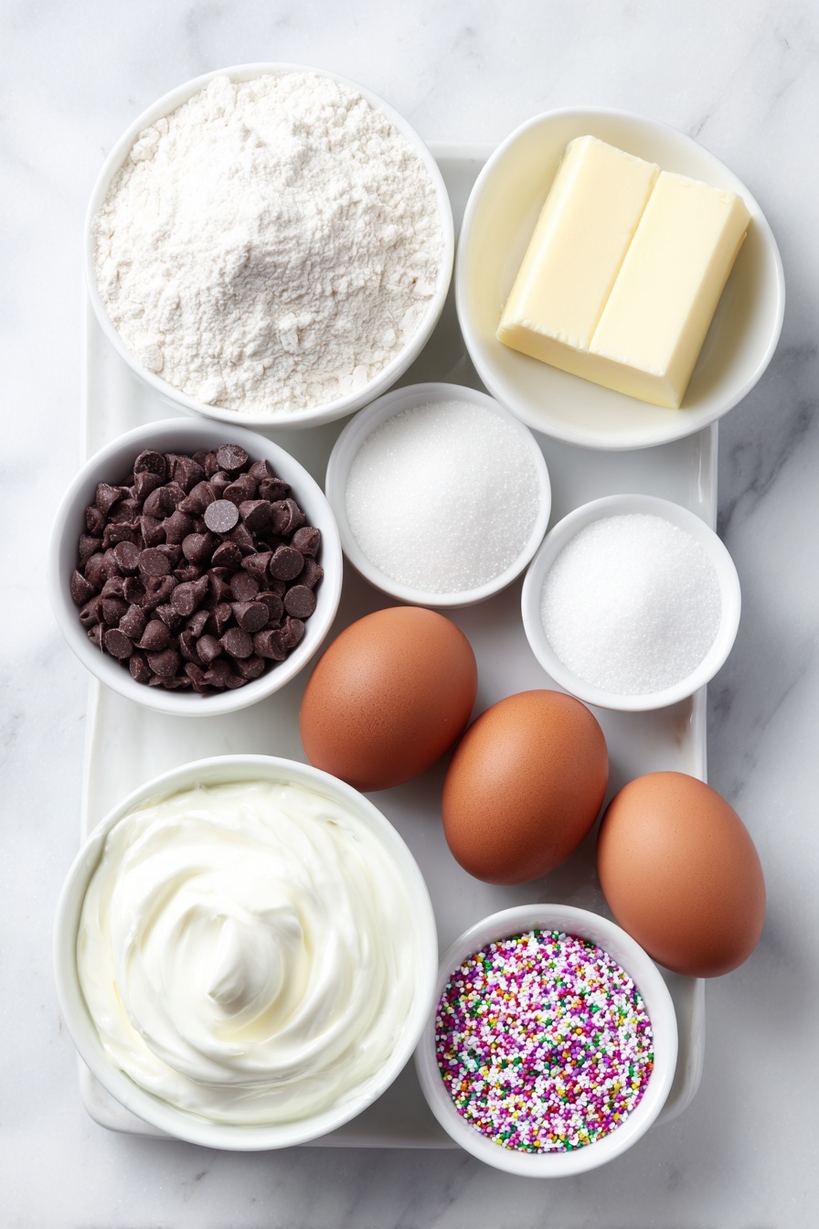 Chocolate Thumbprint Cookies with Ganache, decadent chocolate cookies, easy thumbprint cookie recipe, rich ganache filled cookies, festive dessert ideas - Flat lay of a small mound of all-purpose flour, a small heap of Dutch-process cocoa powder, a pinch of fine salt, a small pile of baking powder, a chunk of unsalted butter softened to room temperature, a small heap of packed light brown sugar, a small pile of granulated white sugar, two whole uncracked brown eggs with clean shells, a small white ceramic bowl of vanilla bean paste, a small white ceramic bowl filled with semi-sweet chocolate chips, a small white ceramic bowl containing heavy whipping cream, and a small mound of colorful nonpareil sprinkles arranged symmetrically on a clean white ceramic plate, placed on a clean white marble surface, soft natural light, photo taken with an iPhone, professional food photography style, fresh ingredients, white ceramic bowls, no bottles, no duplicates, no utensils, no packaging --ar 2:3 --v 7 --p m7354615311229779997