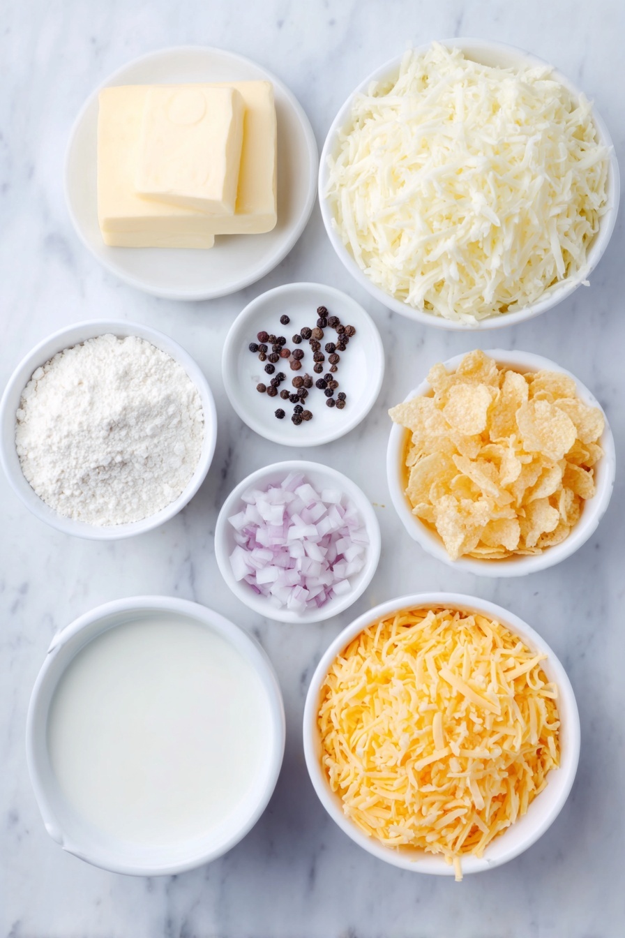 Cheesy Hashbrown Casserole, cheesy hashbrown casserole, cheesy potato casserole, hashbrown casserole recipe, cheesy breakfast casserole - Flat lay of frozen shredded hashbrown potatoes in a simple white ceramic bowl, a small white bowl with diced fresh onion, a few cubes of unsalted butter placed neatly on a white dish, a small white bowl of all-purpose flour, a small white bowl filled with milk, a white bowl with freshly grated sharp cheddar cheese, a white bowl holding sour cream, a white bowl of golden corn flakes, a small white bowl with a pile of shredded cheddar cheese, scattered whole black peppercorns and garlic cloves nearby arranged symmetrically, all ingredients fresh and natural, placed on a clean white marble surface, soft natural light, photo taken with an iPhone, professional food photography style, fresh ingredients, white ceramic bowls, no bottles, no duplicates, no utensils, no packaging --ar 2:3 --v 7 --p m7354615311229779997