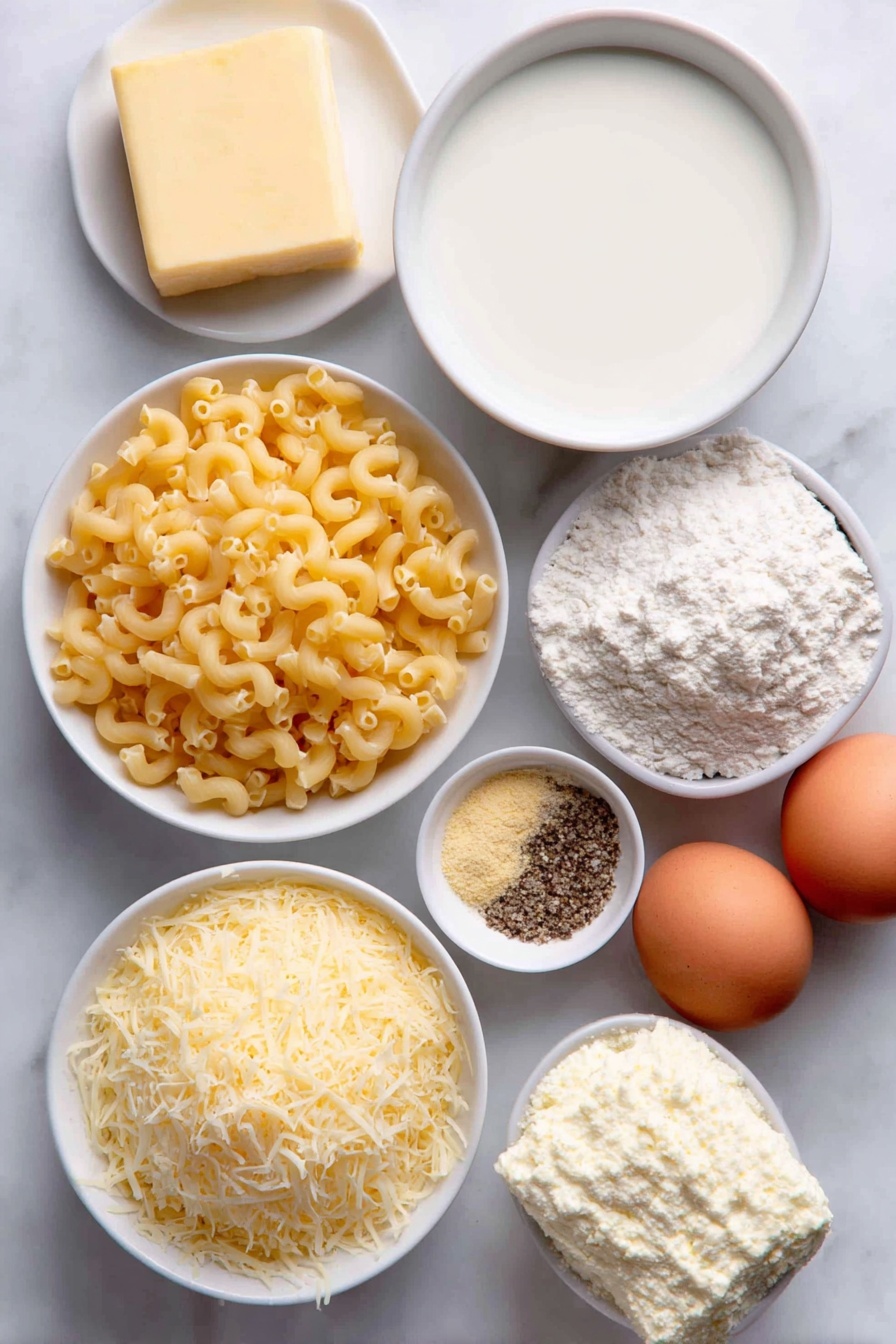 Stovetop Mac and Cheese, creamy mac and cheese, homemade mac and cheese, quick stovetop mac and cheese, cheesy pasta recipe - Flat lay of small uncooked elbow macaroni pasta, a half cup of golden butter pat, a small pile of fine white flour, two small white bowls—one with creamy nonfat milk, one with rich heavy cream, a chunk of smooth cream cheese, freshly grated sharp cheddar cheese forming a neat mound, a smaller mound of freshly grated Parmesan cheese, a small white bowl holding pale yellow dry mustard powder, two clean whole brown eggs, salt and pepper grains in small white bowls, all arranged symmetrically on a simple white ceramic surface placed on a clean white marble surface, soft natural light, photo taken with an iPhone, professional food photography style, fresh ingredients, white ceramic bowls, no bottles, no duplicates, no utensils, no packaging --ar 2:3 --v 7 --p m7354615311229779997