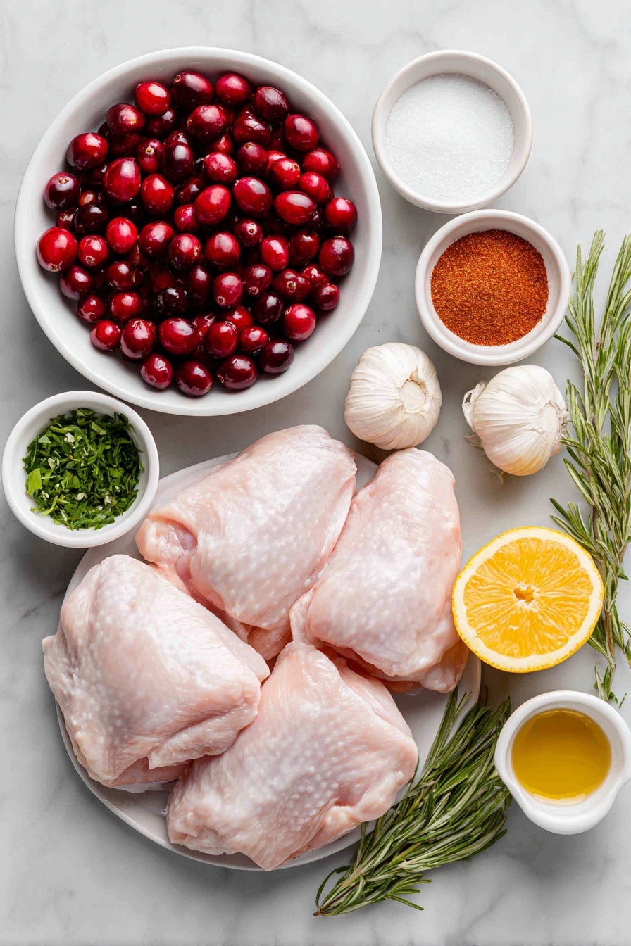 Baked Cranberry Chicken with Rosemary,cranberry chicken recipe,rosemary chicken dish,easy holiday chicken,juicy baked chicken with cranberries - Flat lay of fresh bright red cranberries in a small white ceramic bowl, a small white bowl filled with golden brown sugar, another small white bowl with clear white wine vinegar, six raw bone-in skin-on chicken pieces arranged neatly, several uncracked whole garlic cloves, a small white bowl with chopped fresh green rosemary, a small white bowl of deep red paprika powder, a few celery stalks chopped evenly, a large yellow onion cut into chunks, one halved bright yellow lemon with visible juice droplets, a small white bowl containing golden extra virgin olive oil, a few fresh rosemary sprigs for garnish, placed on a clean white marble surface, soft natural light, photo taken with an iPhone, professional food photography style, fresh ingredients, white ceramic bowls, no bottles, no duplicates, no utensils, no packaging --ar 2:3 --v 7 --p m7354615311229779997