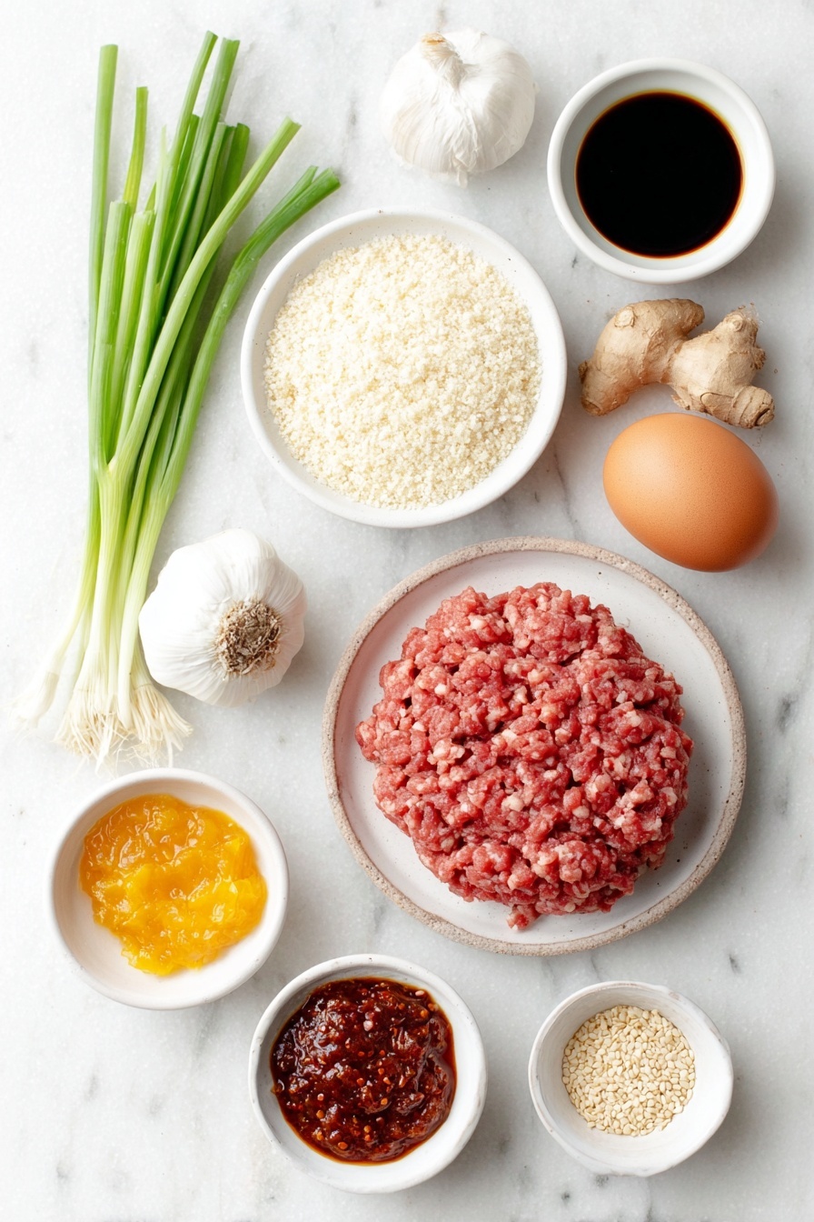 Korean Gochujang Meatballs, Korean Gochujang Meatballs recipe, spicy meatballs with gochujang, Korean-inspired meatball dish, flavorful Asian meatballs - Flat lay of thinly sliced green onions neatly arranged, two whole garlic cloves with papery skin intact, one whole uncracked brown egg, a small white ceramic bowl filled with panko breadcrumbs, a small white bowl containing vibrant red gochujang Korean chili paste, fresh ginger root with rough skin partially peeled, a small white bowl with coarse kosher salt, a small white bowl with ground white pepper, a mound of fresh ground beef, a small white bowl holding golden canola oil, a small white bowl filled with bright orange apricot preserves, a small white bowl with clear rice vinegar, a small white bowl with dark soy sauce, a small white bowl of toasted sesame seeds, all arranged in perfect symmetry on a simple white ceramic background placed on a clean white marble surface, soft natural light, photo taken with an iPhone, professional food photography style, fresh ingredients, white ceramic bowls, no bottles, no duplicates, no utensils, no packaging --ar 2:3 --v 7 --p m7354615311229779997