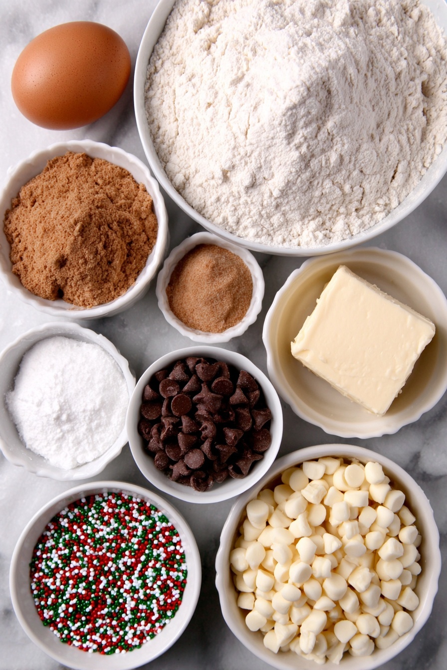 Christmas Chocolate Chip Cookies, holiday cookie recipes, festive chocolate chip cookies, Christmas baking ideas, cinnamon chocolate cookies - Flat lay of a small white ceramic bowl of all-purpose white flour, a small white ceramic bowl of light brown sugar, a small white ceramic bowl of white sugar, one large whole egg with a clean shell, a small white ceramic bowl of ground cinnamon, a small white ceramic bowl of baking soda, a small white ceramic bowl of salt, a small white ceramic bowl of mini semi-sweet chocolate chips, a small white ceramic bowl of white chocolate chips, a small white ceramic bowl of red, green, and white flat confetti Christmas sprinkles, and a stick of salted butter partially melted, all arranged with perfect symmetry and balanced proportions, placed on a clean white marble surface, soft natural light, photo taken with an iPhone, professional food photography style, fresh ingredients, white ceramic bowls, no bottles, no duplicates, no utensils, no packaging --ar 2:3 --v 7 --p m7354615311229779997