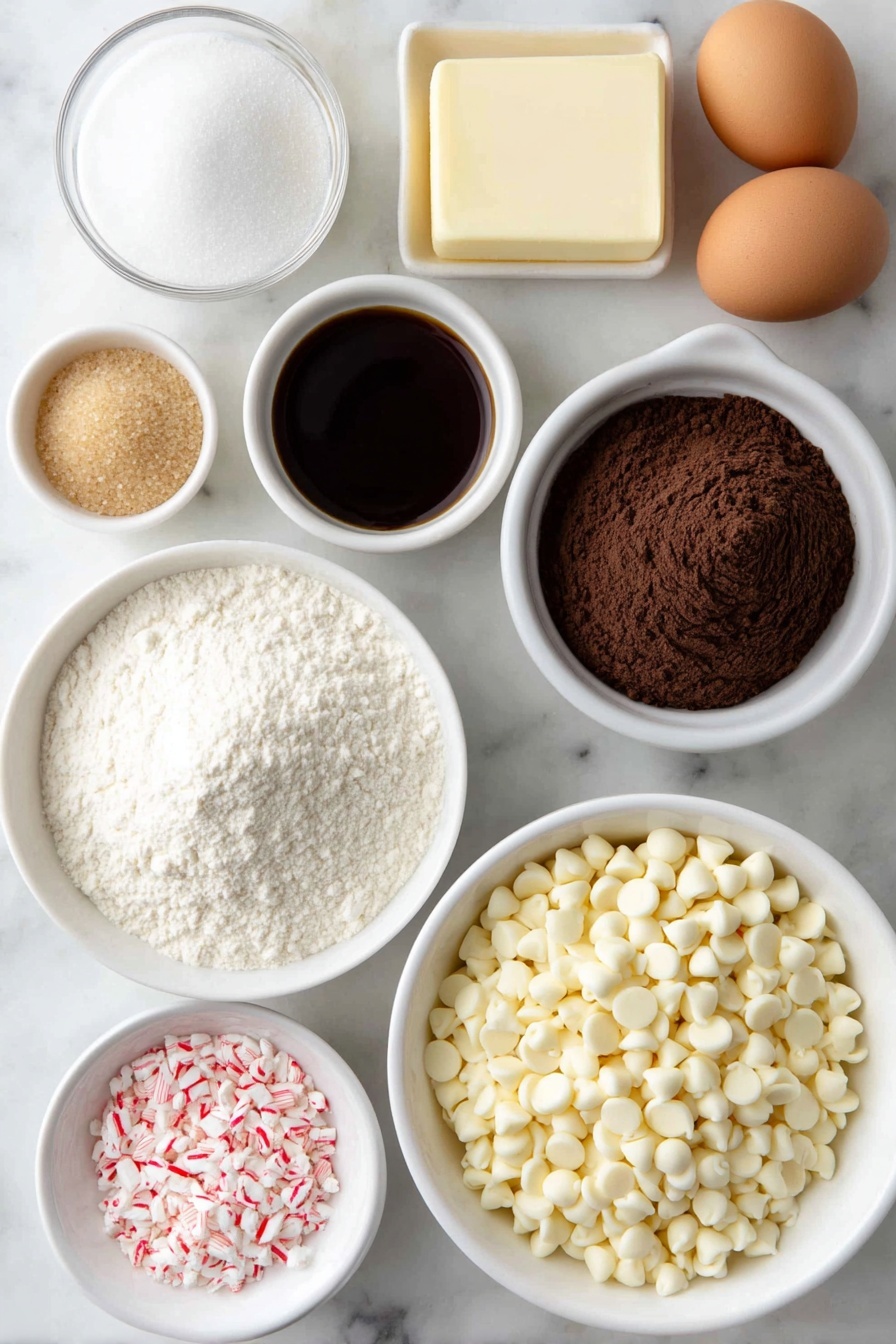 White Chocolate Candy Cane Cookies, festive holiday cookies, mint white chocolate cookies, easy Christmas cookie recipes, peppermint holiday treats - Flat lay of a small pile of white granulated sugar, a small mound of packed brown sugar, a pat of softened butter, two whole brown eggs with clean shells, a small white bowl of vanilla extract, a small white bowl of baking powder, a small white bowl of salt, a heap of all-purpose flour, a small white bowl filled with finely crushed red and white candy canes, and a simple white ceramic bowl overflowing with white chocolate chips, all arranged with perfect symmetry and balanced proportions, placed on a clean white marble surface, soft natural light, photo taken with an iPhone, professional food photography style, fresh ingredients, white ceramic bowls, no bottles, no duplicates, no utensils, no packaging --ar 2:3 --v 7 --p m7354615311229779997