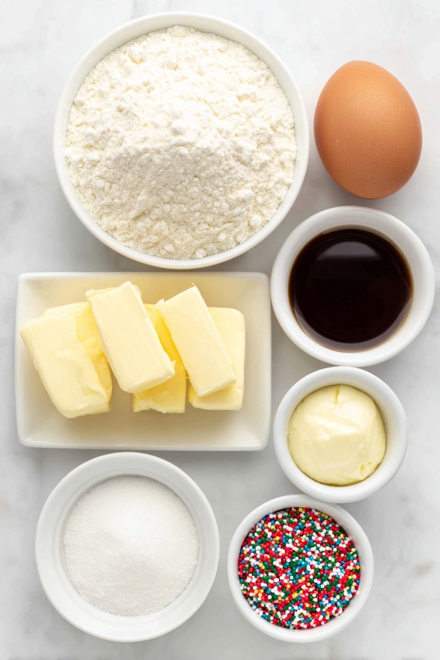 Soft Sugar Cookies, Soft Sugar Cookies Recipe, Tender Sugar Cookies, Easy Sugar Cookie Recipe, Homemade Soft Sugar Cookies - Flat lay of a small mound of all-purpose flour on a white ceramic plate, a small white bowl of granulated sugar, a large whole brown egg with a clean shell, a few tablespoons of softened unsalted butter shaped into a smooth pat, a small white bowl containing clear vanilla extract, a small white bowl with almond extract, a small white bowl of baking powder, a small white bowl of salt, and a small white ceramic bowl filled with assorted colorful sprinkles — all arranged symmetrically and balanced, placed on a clean white marble surface, soft natural light, photo taken with an iPhone, professional food photography style, fresh ingredients, white ceramic bowls, no bottles, no duplicates, no utensils, no packaging --ar 2:3 --v 7 --p m7354615311229779997