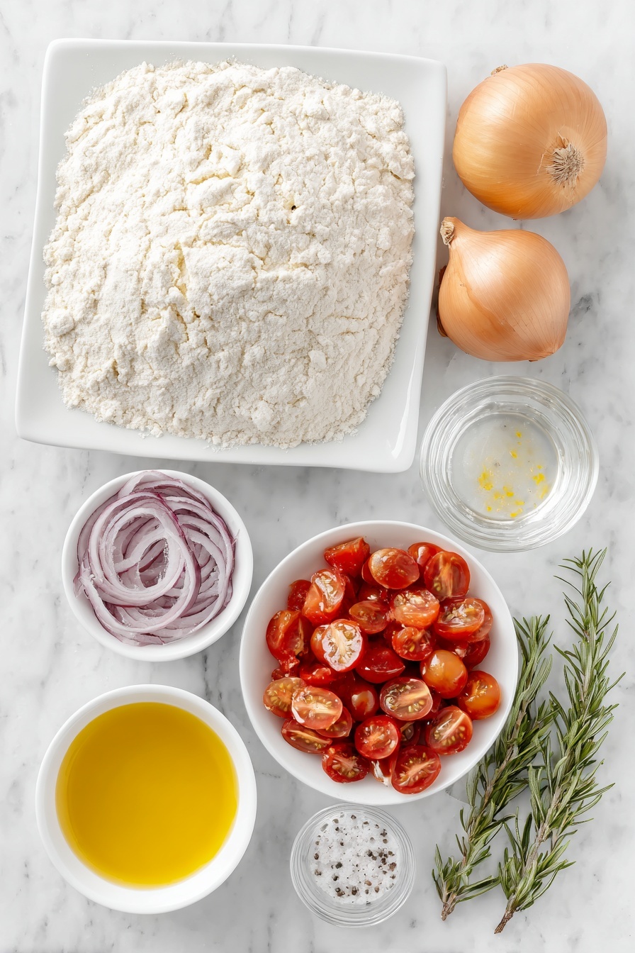 Christmas Tree Focaccia, festive focaccia bread, holiday bread recipes, homemade Christmas focaccia, easy holiday bread - Flat lay of a small mound of bread flour on a simple white ceramic plate, a small white bowl with active dry yeast powder, a few coarse salt crystals scattered on a second small white bowl, a clear small white bowl of warm water, fresh whole pearl onions halved, bright red cherry tomatoes halved, thin slices of red onion arranged in a delicate fan, thin slices of fresh pear, fresh green rosemary sprigs artfully arranged, a small white bowl filled with golden olive oil all placed with perfect symmetry on a clean white marble surface, soft natural light, photo taken with an iPhone, professional food photography style, fresh ingredients, white ceramic bowls, no bottles, no duplicates, no utensils, no packaging --ar 2:3 --v 7 --p m7354615311229779997