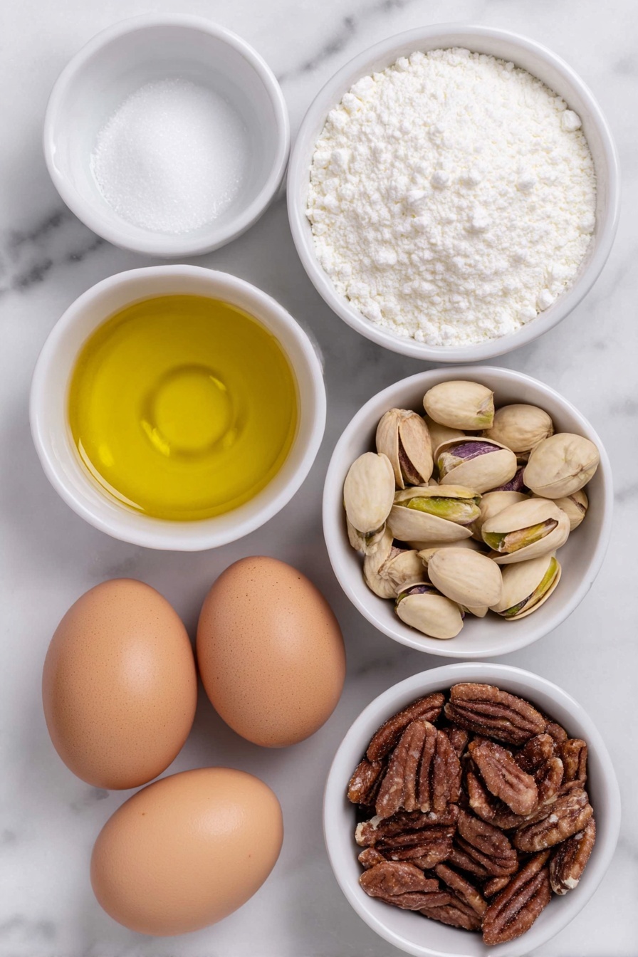 Homemade Italian Torrone Nougat, Italian Torrone Nougat, how to make torrone, traditional Italian nougat, homemade Italian candy - Flat lay of a small white ceramic bowl of golden honey, a small white bowl of clear water, a small white bowl of white granulated sugar, two whole uncracked brown eggs with clean shells, a small white bowl of toasted whole almonds, a small white bowl of toasted whole pistachios, a small white bowl containing fresh vanilla beans and a piece of bright citrus zest, all arranged symmetrically on a clean white marble surface, soft natural light, photo taken with an iPhone, professional food photography style, fresh ingredients, white ceramic bowls, no bottles, no duplicates, no utensils, no packaging --ar 2:3 --v 7 --p m7354615311229779997