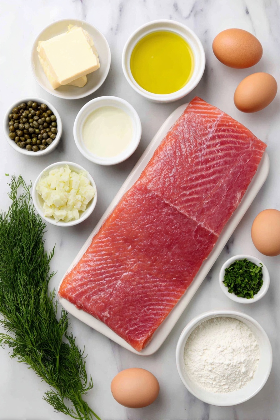 Creamy Salmon Piccata, Salmon Piccata with Lemon and Capers, Fast Salmon Dinner, Elegant Fish Recipes, Easy Salmon Meals - Flat lay of a fresh, skinless salmon fillet with a vibrant pink hue, a small white bowl of golden olive oil, a few sprigs of bright green fresh dill, a small white bowl of minced garlic cloves, a small white bowl of light yellow fresh lemon juice, a small white bowl of thick white heavy cream, a small white bowl of pale yellow butter, a few green fresh parsley leaves, a small white bowl filled with small greenish-gray capers, a few whole uncracked brown eggs, a small white bowl of clear low-sodium chicken broth, and a small white bowl containing pale white cornstarch powder, all arranged in perfect symmetry on a clean white ceramic plate and bowls, placed on a clean white marble surface, soft natural light, photo taken with an iPhone, professional food photography style, fresh ingredients, white ceramic bowls, no bottles, no duplicates, no utensils, no packaging --ar 2:3 --v 7 --p m7354615311229779997