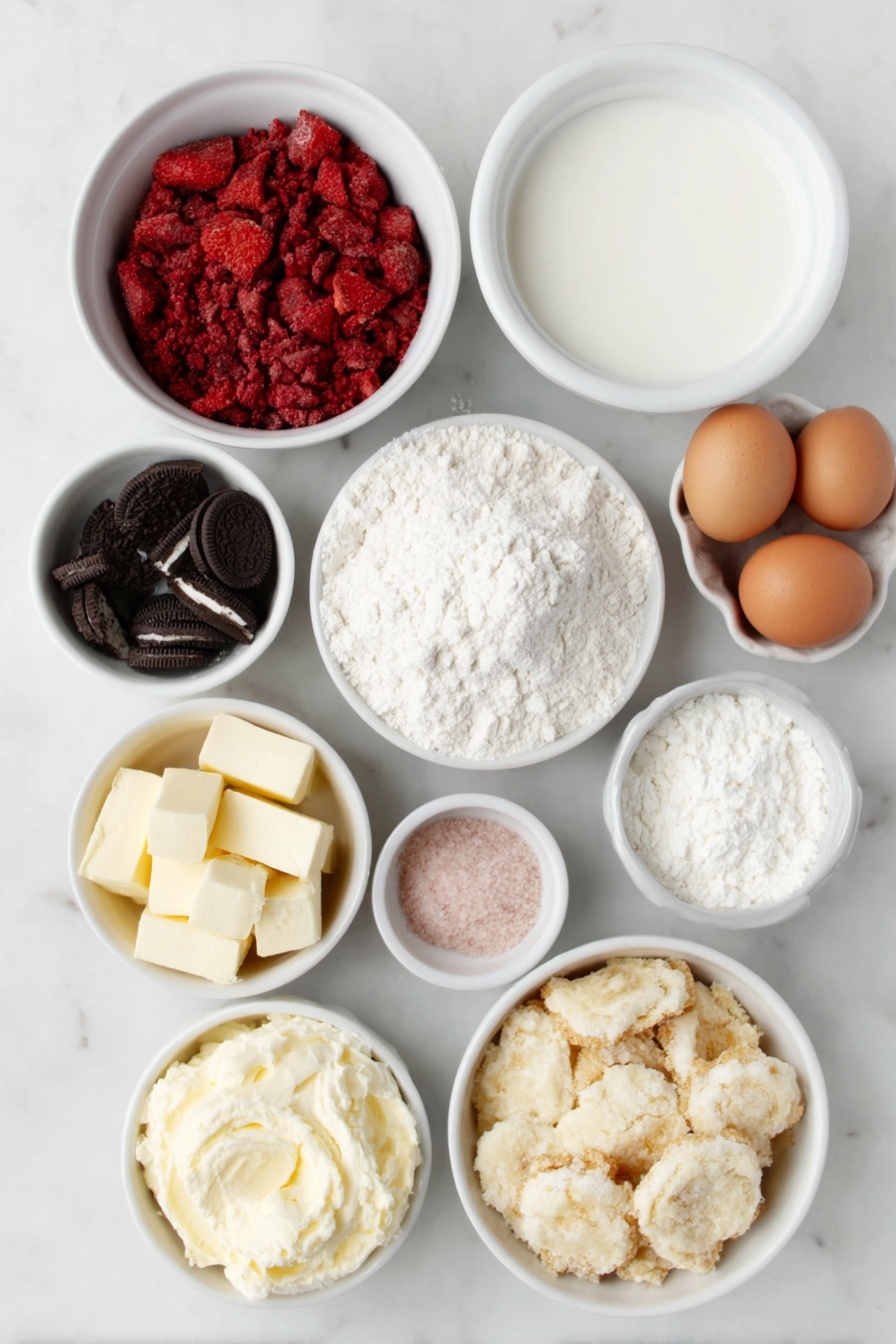Strawberry Crunch Cookies with Cream Cheese Frosting, strawberry cookie recipes, cream cheese frosting desserts, fruit-topped cookie recipes, crunchy berry cookies - Flat lay of a small white ceramic bowl filled with coarse powder of freeze dried strawberries, a small white ceramic bowl with golden Oreo cookie crumbs, a small pile of soft butter chunks, a simple white ceramic bowl holding uncracked whole brown eggs, a neat mound of pink strawberry cake mix powder, a small white ceramic bowl with all purpose flour, a small white ceramic bowl with white cornstarch, a small pile of butter-flavored shortening, a small white ceramic bowl of softened cream cheese, a small white ceramic bowl of powdered sugar, a small white ceramic bowl with vanilla extract, a small white ceramic bowl with milk, placed on a clean white marble surface, soft natural light, photo taken with an iPhone, professional food photography style, fresh ingredients, white ceramic bowls, no bottles, no duplicates, no utensils, no packaging --ar 2:3 --v 7 --p m7354615311229779997