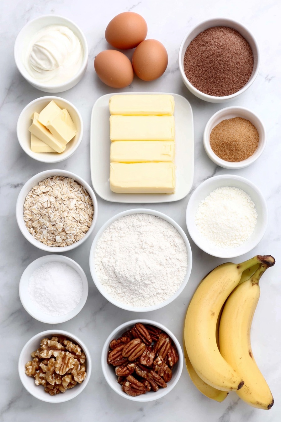 Moist Banana Bread, banana bread recipe, quick banana bread, easy banana bread, best banana bread - Flat lay of a stick of softened butter on a simple white ceramic plate, two whole uncracked brown eggs, a small white bowl of packed brown sugar, a small white bowl of white granulated sugar, two medium ripe bananas peeled and sliced, a small white bowl of all-purpose flour, a small white bowl of finely ground old fashioned oats, a small white bowl of sour cream, a small white bowl of golden baking powder, a small white bowl of light beige baking soda powder, a small white bowl of coarse kosher salt crystals, a small white bowl with ground cinnamon, a small white bowl with ground nutmeg, a small white bowl with ground cloves, a small white ceramic dish of chopped toasted walnuts and pecans mixed together — all ingredients fresh and natural, arranged in perfect symmetry, realistic proportions, placed on a clean white marble surface, soft natural light, photo taken with an iPhone, professional food photography style, fresh ingredients, white ceramic bowls, no bottles, no duplicates, no utensils, no packaging --ar 2:3 --v 7 --p m7354615311229779997