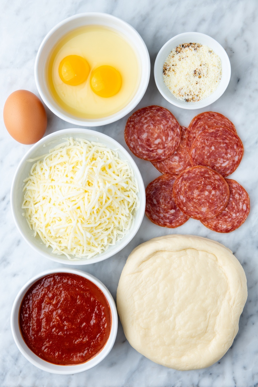 Warm Pepperoni Rolls with Mozzarella, cheesy pepperoni roll recipe, easy savory snack, soft dough pizza rolls, quick appetizer ideas - Flat lay of a small rectangle of fresh raw pizza dough, a small white bowl with melted golden butter mixed with Italian seasoning and garlic powder, a neat pile of bright red pepperoni slices, a small mound of shredded white mozzarella cheese, a single whole brown egg with a clean shell, a small white bowl with finely grated pale parmesan cheese, a small white bowl filled with rich red marinara sauce, all ingredients arranged symmetrically on a clean white marble surface, soft natural light, photo taken with an iPhone, professional food photography style, fresh ingredients, white ceramic bowls, no bottles, no duplicates, no utensils, no packaging --ar 2:3 --v 7 --p m7354615311229779997
