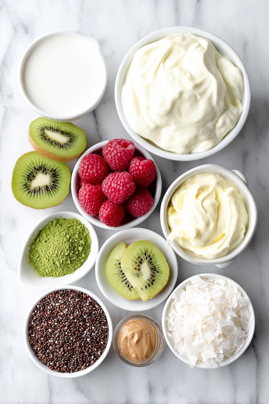 Matcha Protein Chia Pudding, healthy matcha breakfast, high-protein chia pudding, energizing green pudding, easy nutritious chia recipe - Flat lay of fresh creamy nonfat Greek yogurt in a simple white ceramic bowl, a small white bowl of smooth plant-based milk, a neat pile of glossy black chia seeds on the white surface, a small mound of vibrant green matcha powder, a small white bowl with light beige vanilla extract, a half scoop of fine vanilla whey protein powder shaped into a small mound, a few plump red raspberries, a couple of bright sliced strawberries, a few vibrant green kiwi slices arranged naturally, a small white bowl with creamy almond butter, a small white bowl filled with white coconut flakes, all perfectly arranged with balanced spacing and symmetry, placed on a clean white marble surface, soft natural light, photo taken with an iPhone, professional food photography style, fresh ingredients, white ceramic bowls, no bottles, no duplicates, no utensils, no packaging --ar 2:3 --v 7 --p m7354615311229779997