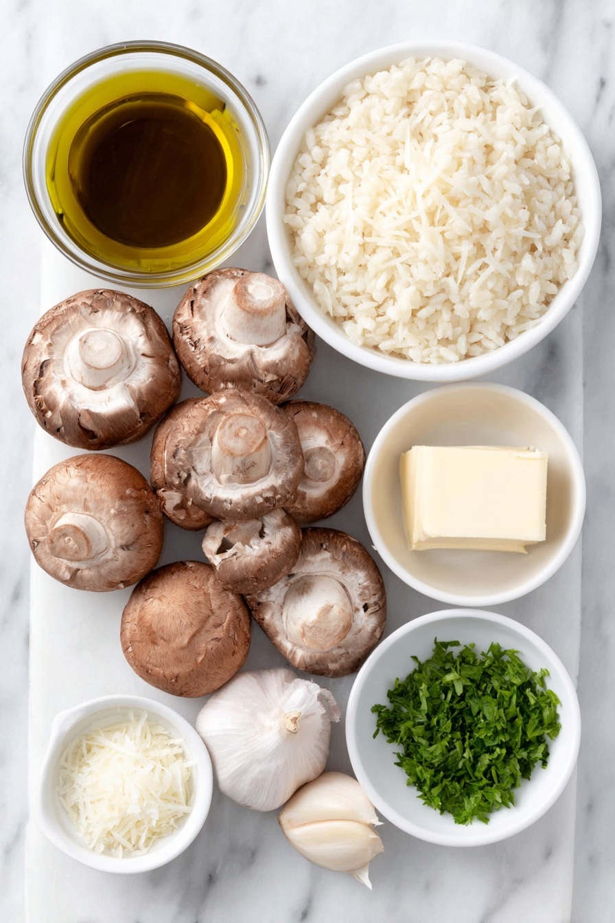 Pressure Cooker Mushroom Risotto, creamy mushroom risotto, easy pressure cooker risotto, quick mushroom risotto, hearty mushroom risotto - Flat lay of a small white ceramic bowl of extra-virgin olive oil, thickly sliced brown button mushrooms, a medium yellow onion finely chopped on a white ceramic plate, two whole uncracked medium garlic cloves, a small white ceramic bowl of Arborio risotto rice, a small white ceramic bowl of dry white wine, a small white ceramic bowl of soy sauce, a small white ceramic bowl of vegetable broth, a small white ceramic bowl of finely grated Parmesan cheese, two tablespoons of cold butter on a small white ceramic plate, and a handful of finely minced fresh parsley placed on a clean white marble surface, soft natural light, photo taken with an iPhone, professional food photography style, fresh ingredients, white ceramic bowls, no bottles, no duplicates, no utensils, no packaging --ar 2:3 --v 7 --p m7354615311229779997