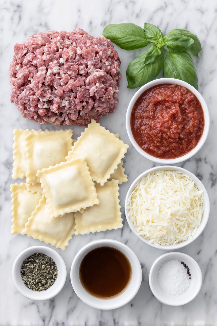 Cheese Ravioli Soup with Beef, hearty cheese ravioli soup, easy beef and ravioli soup, comforting Italian soup, quick ravioli beef soup - Flat lay of fresh mini cheese ravioli, a small mound of raw ground beef, a few fresh basil leaves, a small white ceramic bowl of vibrant red tomato paste, a small white ceramic bowl filled with crushed tomatoes, a small white ceramic bowl of rich brown beef broth, a small white ceramic bowl of grated parmesan cheese, and small white ceramic bowls containing salt, black peppercorns, dried oregano, and garlic powder arranged symmetrically, placed on a clean white marble surface, soft natural light, photo taken with an iPhone, professional food photography style, fresh ingredients, white ceramic bowls, no bottles, no duplicates, no utensils, no packaging --ar 2:3 --v 7 --p m7354615311229779997