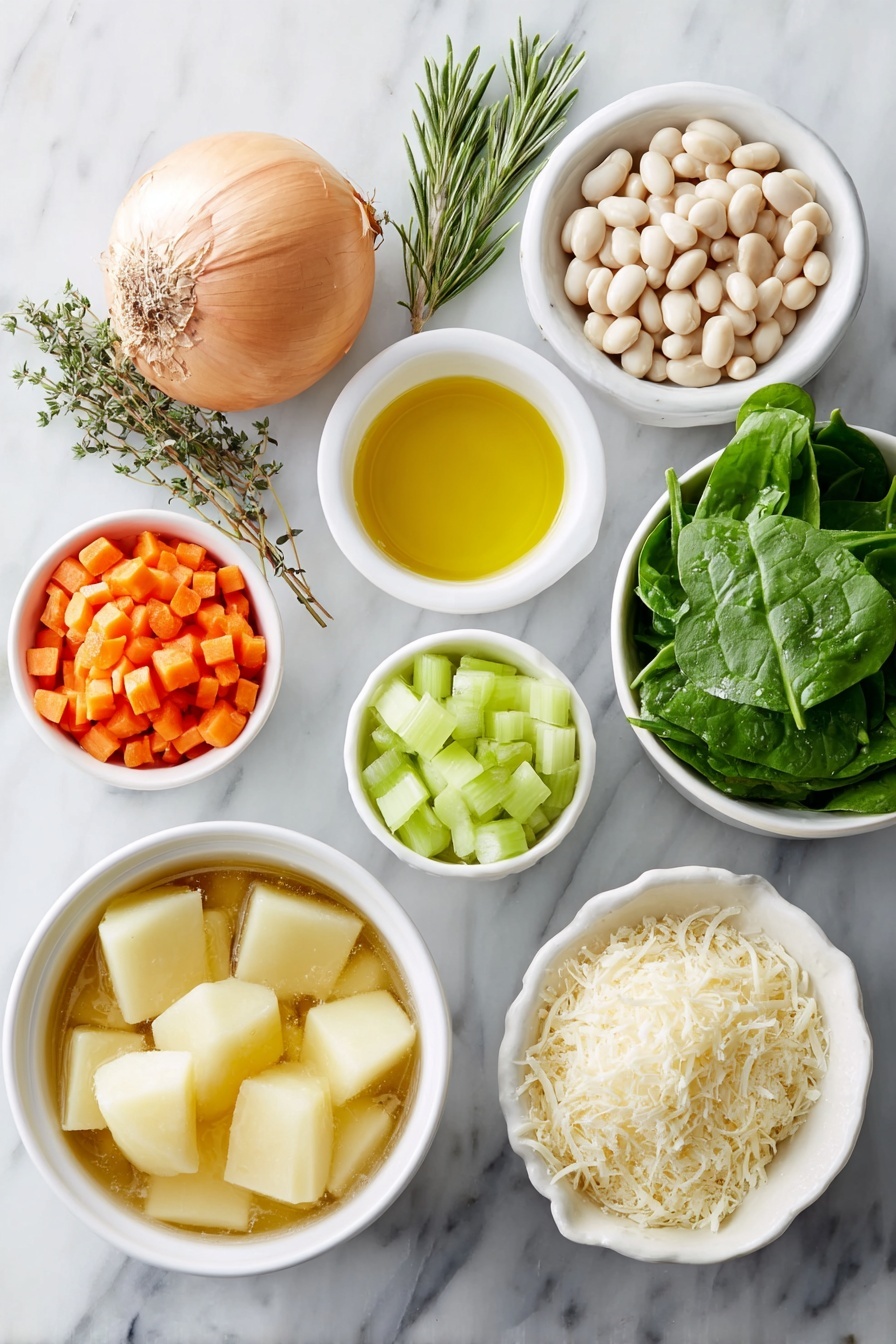 Creamy White Bean Soup with Spinach, White Bean Soup, Creamy Vegetarian Soup, Healthy Spinach Soup, Easy Bean Soup Recipe - Flat lay of a small white ceramic bowl of golden olive oil, a medium whole yellow onion with dry papery skin, a few fresh cannellini beans scattered loose, a small white bowl filled with chopped bright orange carrots, a small white bowl holding chopped pale green celery, a small white bowl with diced creamy Yukon Gold potatoes, four whole unpeeled garlic cloves, a small white bowl of clear white wine, a few sprigs of fresh green thyme, a small bundle of fresh rosemary, a simple white ceramic bowl filled with rich golden chicken broth, a small bunch of fresh vibrant green spinach leaves, and a small white bowl with grated pale yellow parmesan cheese, all perfectly arranged with balanced symmetry, placed on a clean white marble surface, soft natural light, photo taken with an iPhone, professional food photography style, fresh ingredients, white ceramic bowls, no bottles, no duplicates, no utensils, no packaging --ar 2:3 --v 7 --p m7354615311229779997