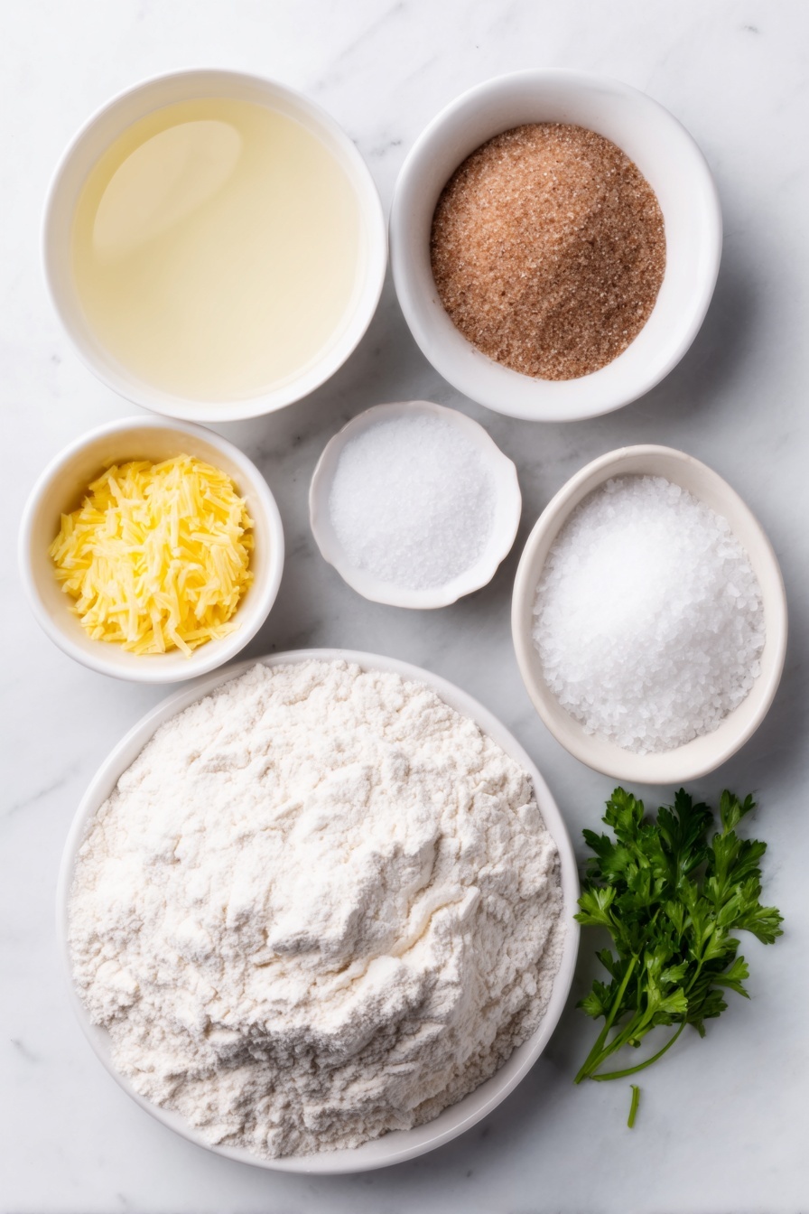 Soft Pretzel Bites, Soft Pretzel Bites Recipe, Easy Pretzel Bites, Chewy Pretzel Bites, Salty Snack Ideas - Flat lay of a small bowl of warm water, a few golden strands of active dry yeast, a small white bowl with light brown granulated sugar, a small mound of fine white salt, a small white bowl holding melted unsalted butter, a neat pile of all-purpose flour with a light dusting on the surface nearby, a small white bowl of coarse sea salt crystals, a small white ceramic bowl filled with coarse baking soda powder, and a few fresh sprigs of green parsley placed simply beside these ingredients, all arranged in perfect symmetry on a clean white marble surface, soft natural light, photo taken with an iPhone, professional food photography style, fresh ingredients, white ceramic bowls, no bottles, no duplicates, no utensils, no packaging --ar 2:3 --v 7 --p m7354615311229779997