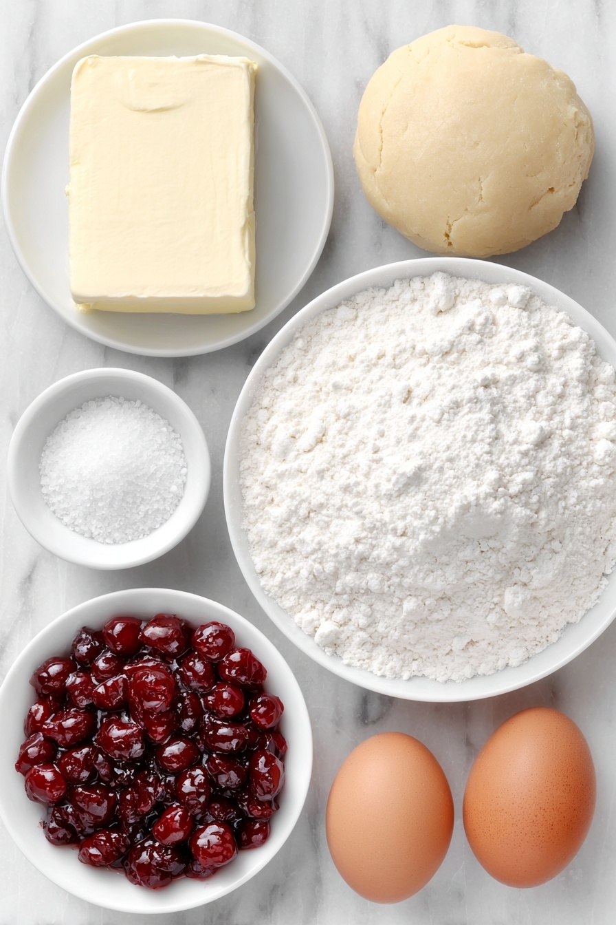 Cherry Cheesecake Cookies, Cherry Cheesecake Cookies recipe, Cherry cheesecake dessert, Cherry cheesecake drop cookies, Easy cherry cheesecake cookies - Flat lay of a block of fresh cream cheese, a small mound of all-purpose flour on a white ceramic plate, a ball of pale beige refrigerated sugar cookie dough, a small white bowl filled with bright red cherry pie filling with whole cherries visible, a small white bowl containing granulated sugar crystals, two whole brown eggs with clean shells placed near the center, all arranged in perfect symmetry on a simple white ceramic surface, placed on a clean white marble surface, soft natural light, photo taken with an iPhone, professional food photography style, fresh ingredients, white ceramic bowls, no bottles, no duplicates, no utensils, no packaging --ar 2:3 --v 7 --p m7354615311229779997
