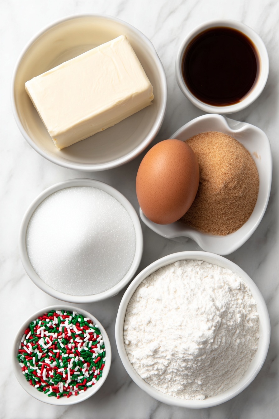 No-Roll Christmas Sprinkle Cookies, holiday sprinkle cookies, easy Christmas cookie recipe, no-bake holiday cookies, festive sprinkle sugar cookies - Flat lay of a small mound of unsalted butter, a small white ceramic bowl of granulated sugar, a small white ceramic bowl of packed light brown sugar, one large uncracked brown egg, a small white ceramic bowl of cream, a small white ceramic bowl of clear imitation vanilla extract, a small white ceramic bowl of all-purpose flour, a small white ceramic bowl of cornstarch, a small white ceramic bowl of baking soda, a small white ceramic bowl of salt, a small white ceramic bowl filled with red, green, and white jimmies sprinkles, all arranged symmetrically on a clean white marble surface, soft natural light, photo taken with an iPhone, professional food photography style, fresh ingredients, white ceramic bowls, no bottles, no duplicates, no utensils, no packaging --ar 2:3 --v 7 --p m7354615311229779997