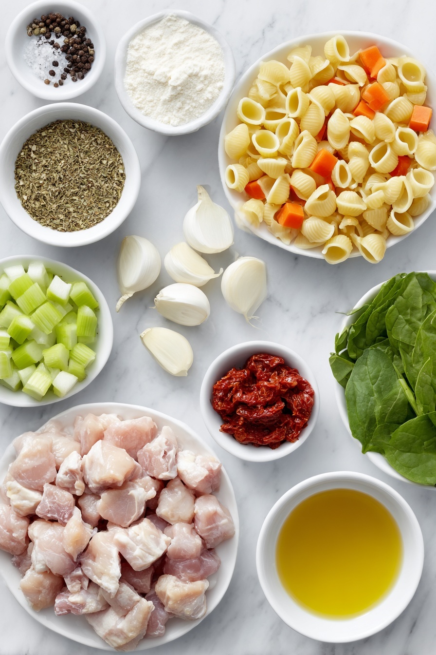 Creamy Tuscan Chicken Soup, Tuscan Chicken Soup, creamy chicken soup, Italian chicken soup, comforting chicken soup - Flat lay of a small white ceramic bowl of golden olive oil, a pile of fresh boneless, skinless chicken thighs cut into chunks, a small white bowl filled with mixed Italian seasoning herbs, a small mound of coarse sea salt, a small heap of black peppercorns, a simple white plate with diced bright orange carrots, diced pale green celery sticks, diced white onions, and diced deep red sundried tomatoes arranged neatly, three whole uncracked garlic cloves with clean white skins, a small white bowl containing fine white flour, a small white bowl with rich red tomato paste, a simple white bowl showing golden chicken broth, a small white dish heaped with uncooked Italian small shell pasta, a small white bowl of thick heavy whipping cream, a white plate sprinkled with grated parmesan reggiano cheese, and a handful of vibrant fresh green spinach leaves, all placed on a clean white marble surface, soft natural light, photo taken with an iPhone, professional food photography style, fresh ingredients, white ceramic bowls, no bottles, no duplicates, no utensils, no packaging --ar 2:3 --v 7 --p m7354615311229779997