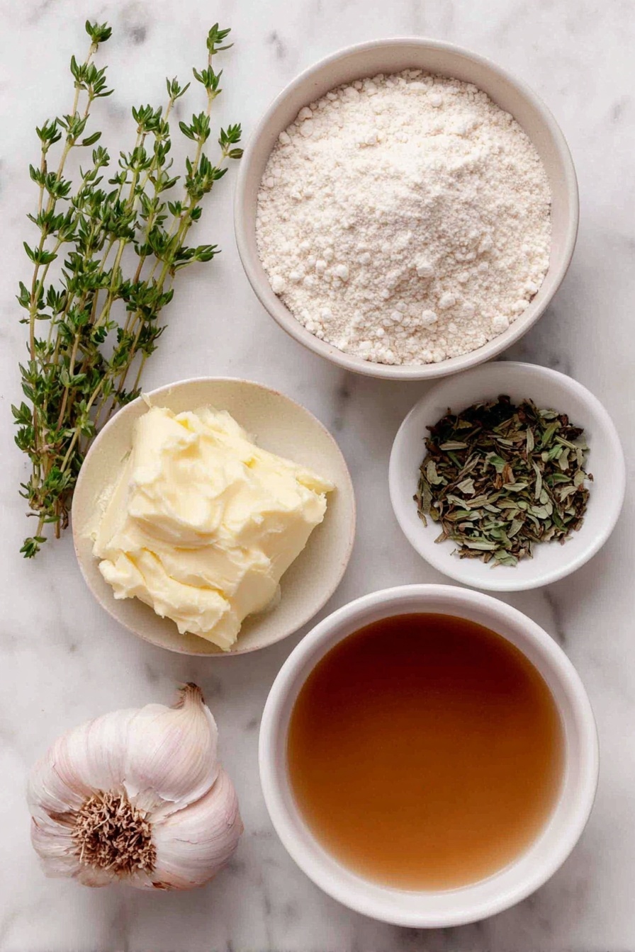Homemade Turkey Gravy, turkey gravy, holiday gravy, easy turkey gravy, how to make turkey gravy - Flat lay of a small white ceramic bowl of softened golden butter, a small white bowl with dried sage leaves, a few fresh thyme sprigs with tiny green leaves, one whole garlic bulb with one clove separated and peeled, a small white bowl filled with pale all-purpose flour, a small white bowl containing rich golden turkey stock, all arranged with perfect symmetry and balanced proportions, placed on a clean white marble surface, soft natural light, photo taken with an iPhone, professional food photography style, fresh ingredients, white ceramic bowls, no bottles, no duplicates, no utensils, no packaging --ar 2:3 --v 7 --p m7354615311229779997