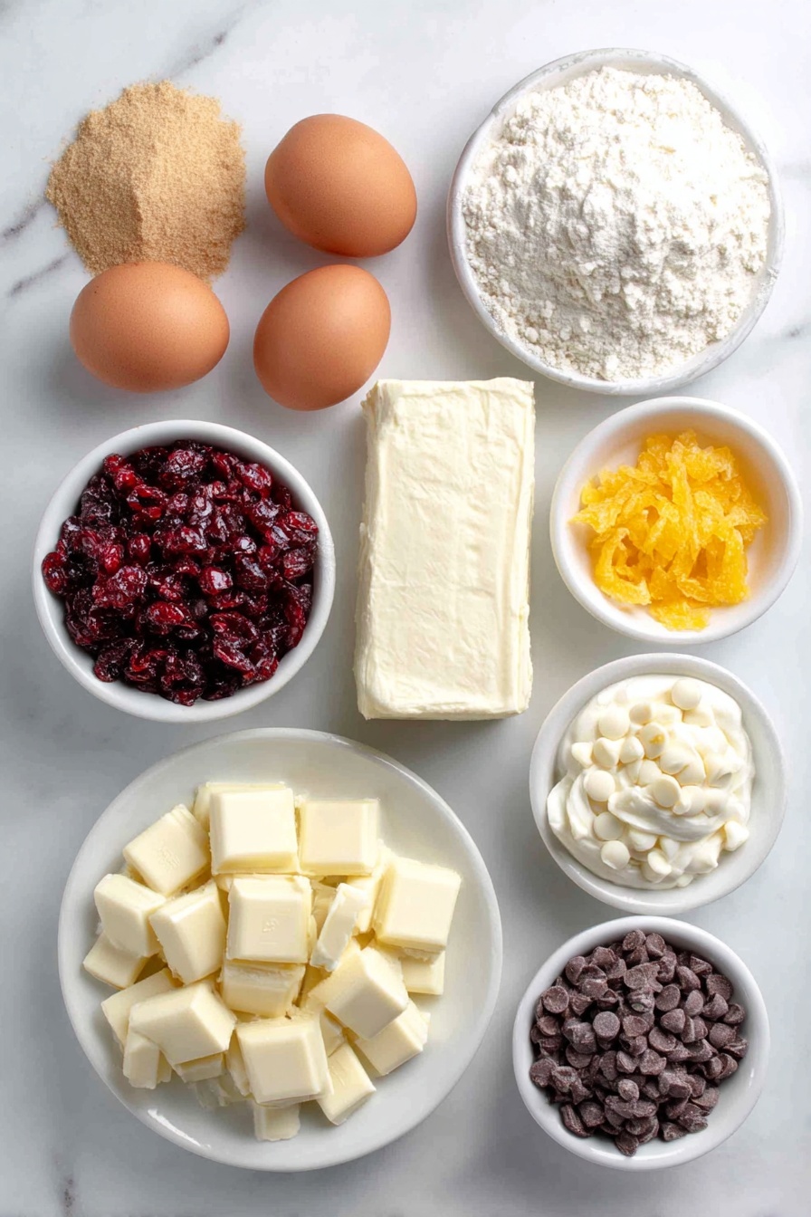 Cranberry White Chocolate Bliss Bars, cranberry white chocolate bars, holiday cranberry bars, easy cranberry dessert, white chocolate cranberry treats - Flat lay of a small mound of light brown sugar, a few whole uncracked brown eggs, a small pile of all-purpose flour, a small heap of white chocolate chips, a few dried cranberries scattered, two small white bowls—one with melted unsalted butter, one with vanilla extract, a few strips of fresh orange zest, a block of brick-style full-fat cream cheese, a small mound of powdered sugar, a small white bowl with whipping cream, and a few small chunks of white baking chocolate placed on a simple white ceramic plate, all arranged with perfect symmetry, placed on a clean white marble surface, soft natural light, photo taken with an iPhone, professional food photography style, fresh ingredients, white ceramic bowls, no bottles, no duplicates, no utensils, no packaging --ar 2:3 --v 7 --p m7354615311229779997