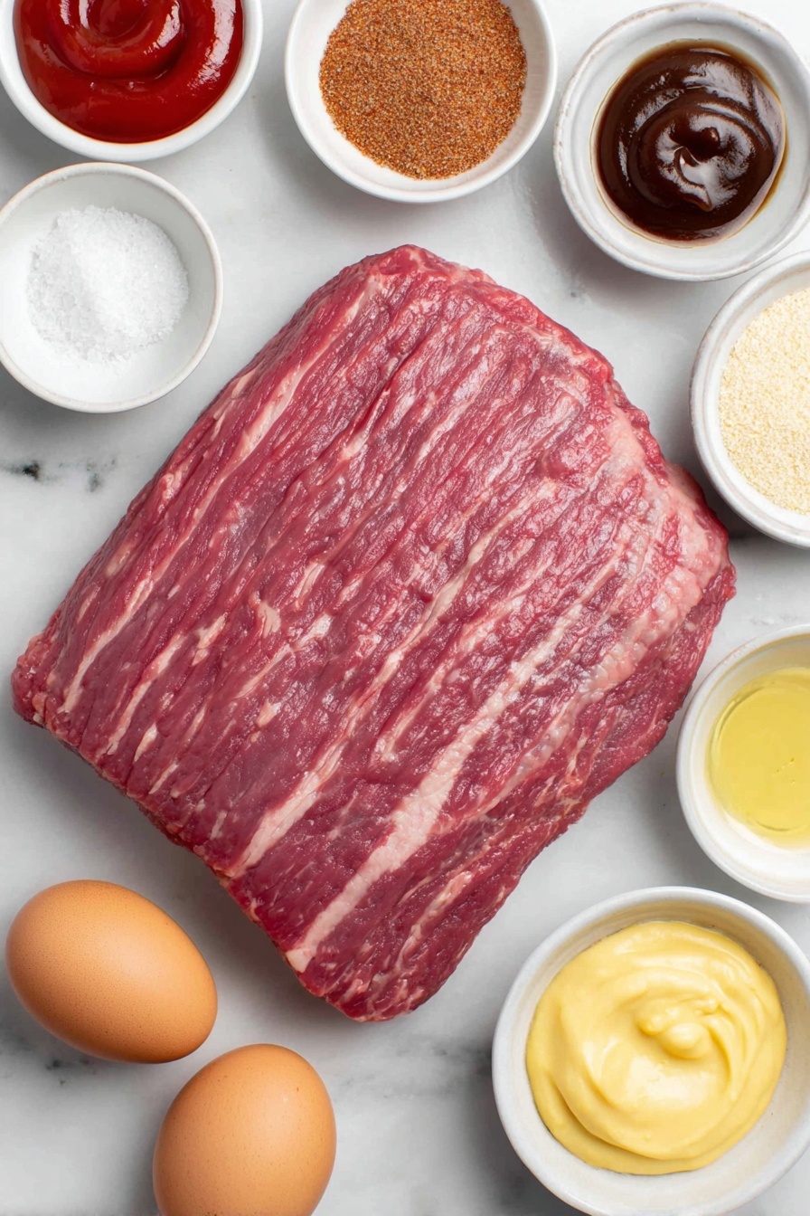 Slow Cooker Honey BBQ Beef Brisket, BBQ brisket recipe, easy slow cooker beef, tender beef brisket, flavorful beef dishes - Flat lay of a whole raw beef brisket with visible marbling, a small pile of reddish-brown chili powder, a heap of pale yellow garlic powder, a mound of coarse white salt crystals, a small heap of ground black pepper, a small white ceramic bowl of bright red ketchup, a small white bowl of dark glossy molasses, a small white bowl of golden honey, a small white bowl of light brown soft brown sugar, a small white bowl of deep brown Worcestershire sauce, a small white bowl of smooth pale yellow Dijon mustard, a small white bowl of clear light amber apple cider vinegar, a small white bowl of clear cold water mixed with fine white cornstarch powder, two whole uncracked brown eggs arranged symmetrically — all ingredients fresh and natural, balanced composition, placed on a clean white marble surface, soft natural light, photo taken with an iPhone, professional food photography style, fresh ingredients, white ceramic bowls, no bottles, no duplicates, no utensils, no packaging --ar 2:3 --v 7 --p m7354615311229779997