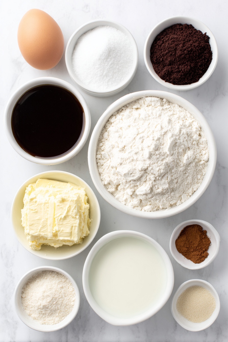 Chewy Gingerbread Man Cookies, gingerbread cookies recipe, holiday gingerbread cookies, soft gingerbread men, spiced gingerbread cookies - Flat lay of a small white ceramic bowl of dark amber molasses, a small white ceramic bowl filled with pale yellow butter flavored shortening, a small white ceramic bowl of white granulated sugar, a single large whole uncracked brown egg, a small white ceramic bowl of clear hot water, a small white ceramic bowl of fine off-white baking soda powder, a small white ceramic bowl of ground cinnamon with warm reddish-brown color, a small white ceramic bowl of light beige ground ginger, a small white ceramic bowl of dark brown ground cloves, a small white ceramic bowl of pure white salt, a small white ceramic bowl heaped with white all-purpose flour, a small white ceramic bowl of powdered sugar, a small white ceramic bowl of creamy white milk, a small white ceramic bowl of clear vanilla extract placed on a clean white marble surface, soft natural light, photo taken with an iPhone, professional food photography style, fresh ingredients, white ceramic bowls, no bottles, no duplicates, no utensils, no packaging --ar 2:3 --v 7 --p m7354615311229779997