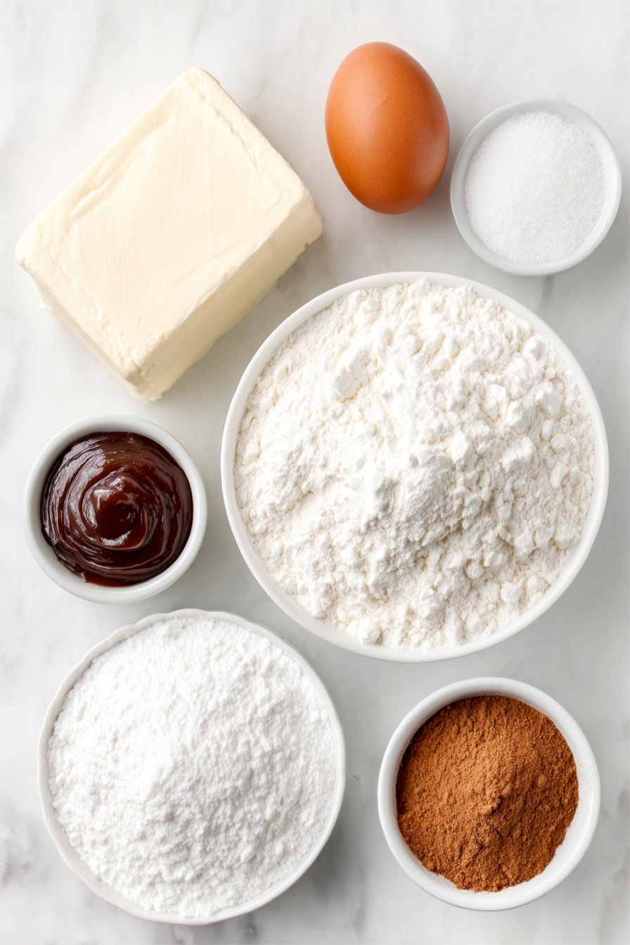 Cinnamon Cream Cheese Cookies, cinnamon sugar cookies, soft buttery cookies, cream cheese cookie recipe, easy cinnamon cookies - Flat lay of a small block of unsalted butter, a wedge of cream cheese with a fresh cut, a small mound of powdered sugar in a white ceramic bowl, one whole brown egg with a clean shell, a tiny white bowl containing fine white baking powder, a small white bowl with smooth vanilla bean paste, a pinch of kosher salt displayed loosely on the surface, a heap of pale all-purpose flour, a small white bowl filled with granulated sugar, and a small white bowl holding ground cinnamon, all arranged symmetrically on a clean white marble surface, soft natural light, photo taken with an iPhone, professional food photography style, fresh ingredients, white ceramic bowls, no bottles, no duplicates, no utensils, no packaging --ar 2:3 --v 7 --p m7354615311229779997