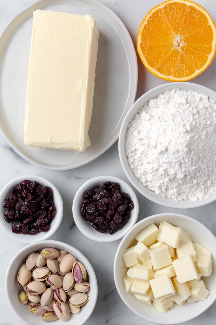 Cranberry Pistachio Shortbread Cookies, shortbread cookie recipe, festive holiday cookies, easy buttery cookies, holiday cookie ideas - Flat lay of a stick of unsalted butter, a small mound of powdered sugar on a white ceramic plate, a tiny white bowl with vanilla extract, another tiny white bowl with almond extract, a white ceramic bowl filled with all-purpose flour, a small pile of coarse salt, a small white bowl with roughly chopped dried cranberries, a white bowl holding roughly chopped shelled pistachios, a fresh orange with a few strips of orange zest beside it on a white dish, a small white bowl containing chopped white chocolate, a small white bowl with coconut oil, placed on a clean white marble surface, soft natural light, photo taken with an iPhone, professional food photography style, fresh ingredients, white ceramic bowls, no bottles, no duplicates, no utensils, no packaging --ar 2:3 --v 7 --p m7354615311229779997