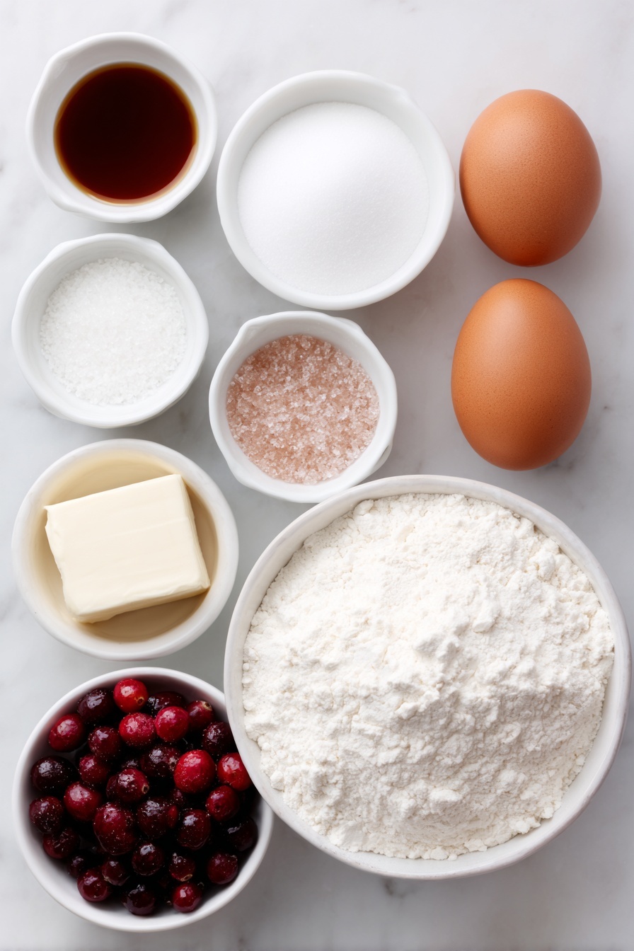 Cranberry Orange Cake, Cranberry Orange Cake recipe, easy cranberry orange cake, moist citrus cranberry cake, festive cranberry orange dessert - Flat lay of a small mound of granulated sugar, thin strips of bright orange zest, a soft pat of unsalted butter, one whole uncracked brown egg, a small white bowl of clear vanilla extract, a tiny white bowl of fine baking powder powder, a small white bowl of salt, a neat pile of all-purpose flour, a small white bowl filled with creamy buttermilk, a cluster of fresh red cranberries, and a small white bowl of sparkling sugar, all arranged with perfect symmetry on simple white ceramic dishes, placed on a clean white marble surface, soft natural light, photo taken with an iPhone, professional food photography style, fresh ingredients, white ceramic bowls, no bottles, no duplicates, no utensils, no packaging --ar 2:3 --v 7 --p m7354615311229779997