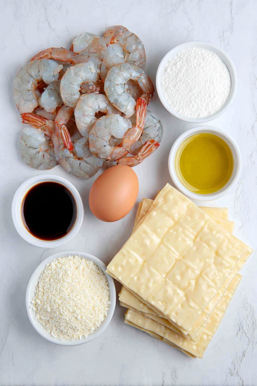 Crispy Fried Shrimp Balls, Shrimp Balls Recipe, Crispy Shrimp Appetizer, How to Make Shrimp Balls, Easy Shrimp Balls - Flat lay of a small heap of fresh peeled and deveined raw shrimp, a single whole uncracked brown egg, a small white ceramic bowl of fine white sugar, a small white ceramic bowl filled with white cornstarch powder, a small white ceramic bowl containing light golden sesame oil, a small white ceramic bowl holding clear cooking oil, a few delicate white peppercorns scattered neatly, and several neatly stacked square spring roll wrappers placed beside some thinly cut spring roll wrapper strips, arranged symmetrically on a clean white marble surface, soft natural light, photo taken with an iPhone, professional food photography style, fresh ingredients, white ceramic bowls, no bottles, no duplicates, no utensils, no packaging --ar 2:3 --v 7 --p m7354615311229779997