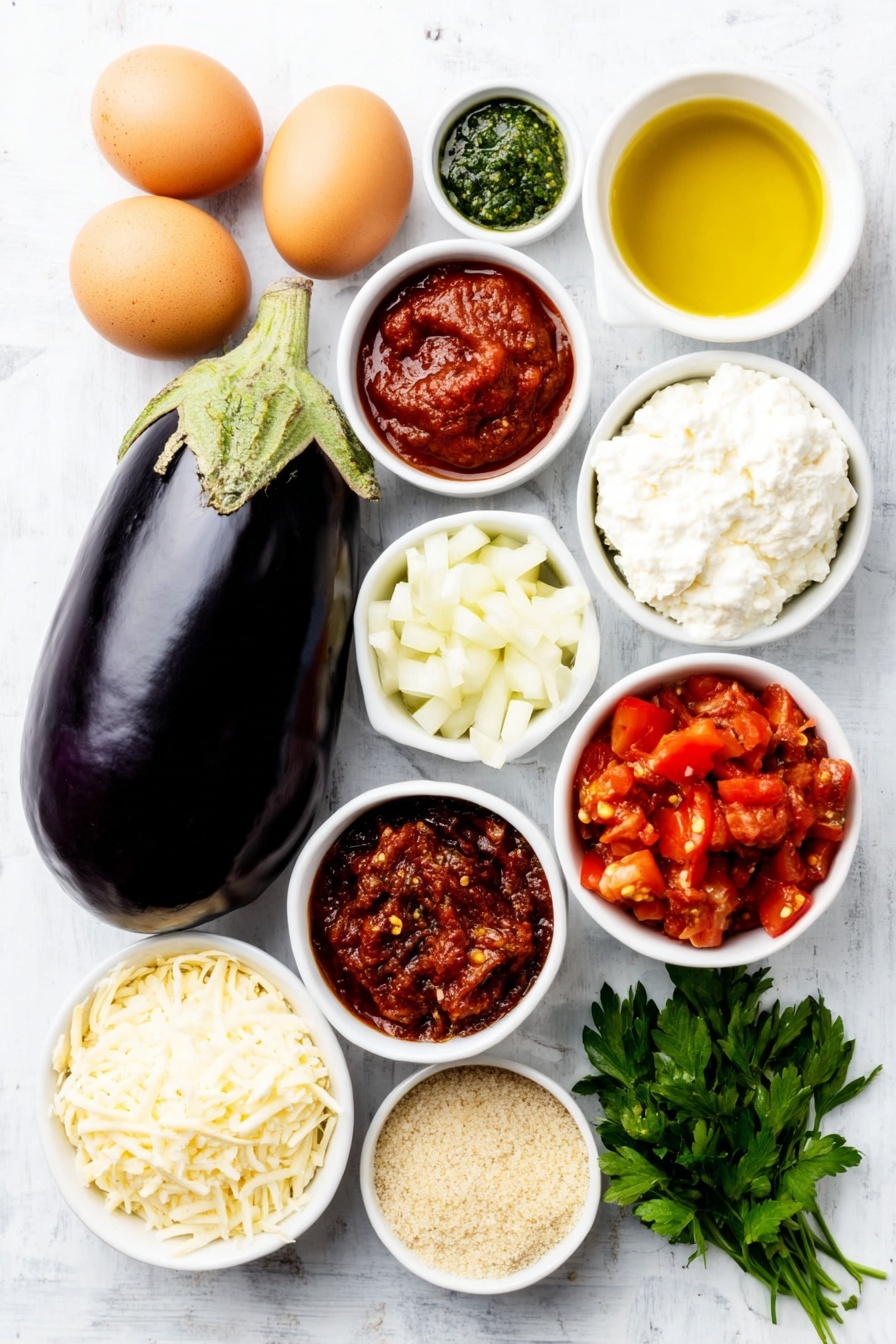 Eggplant Rollatini, Eggplant Rollatini recipe, cheesy eggplant appetizer, baked eggplant rollups, Italian eggplant dish - Flat lay of a large glossy purple eggplant sliced lengthwise, three whole brown eggs with clean shells, a small white ceramic bowl of golden olive oil, a small white ceramic bowl filled with finely chopped bright white onion, two peeled garlic cloves, a small white ceramic bowl of deep red tomato sauce, a small white ceramic bowl of vibrant red diced tomatoes with seeds visible, a small white ceramic bowl of light golden chicken broth, a small white ceramic bowl of thick dark red tomato paste, a small pile of finely minced fresh parsley leaves, a small white ceramic bowl of white ricotta cheese with a creamy texture, a small white ceramic bowl with shredded pale yellow part-skim mozzarella, a small white ceramic bowl of finely grated Parmesan cheese, a small white ceramic bowl of light brown seasoned bread crumbs, and a small white ceramic bowl of crushed red pepper flakes, all arranged in perfect symmetry on a clean white marble surface, soft natural light, photo taken with an iPhone, professional food photography style, fresh ingredients, white ceramic bowls, no bottles, no duplicates, no utensils, no packaging --ar 2:3 --v 7 --p m7354615311229779997