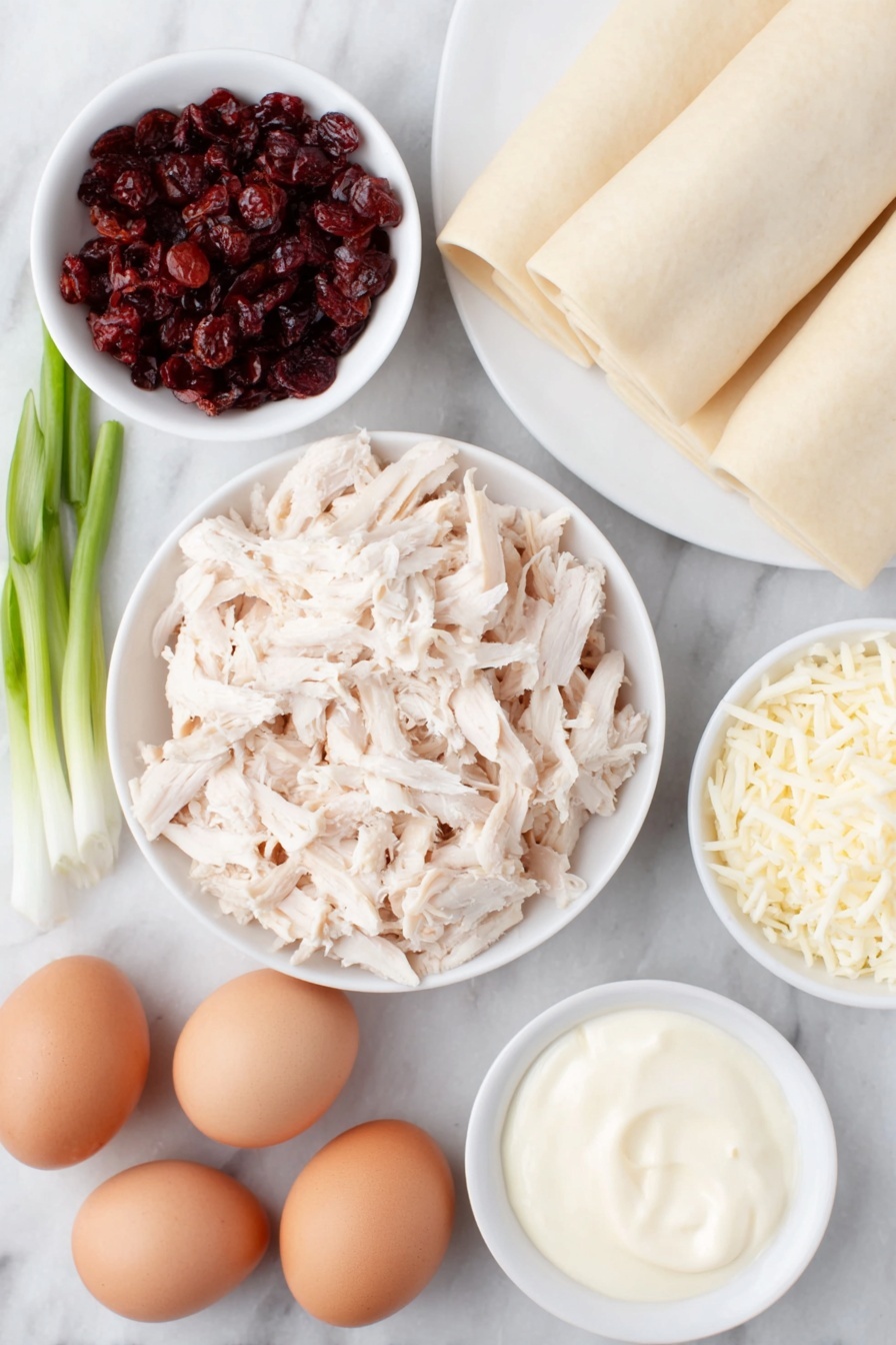 Cranberry Chicken Puffs, Cranberry Chicken Puffs recipe, easy cranberry chicken appetizer, savory cranberry chicken bites, quick crescent roll snacks - Flat lay of shredded cooked chicken piled naturally, a small bunch of thinly sliced green onions, a small white ceramic bowl filled with dried cranberries, a small white bowl with freshly grated mozzarella cheese, a small white bowl containing creamy mayonnaise, whole uncracked brown eggs arranged neatly, and a simple white ceramic plate holding smooth, pale crescent roll dough rectangles, all placed on a clean white marble surface, soft natural light, photo taken with an iPhone, professional food photography style, fresh ingredients, white ceramic bowls, no bottles, no duplicates, no utensils, no packaging --ar 2:3 --v 7 --p m7354615311229779997