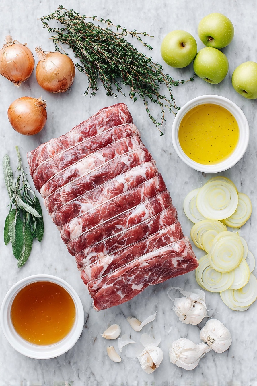 Braised Pork Shoulder with Apples, pork shoulder apple stew, comforting pork recipes, easy fall dinner ideas, slow braised pork with apples - Flat lay of a fresh pork shoulder roast with visible marbling, a few sprigs of fresh thyme, a small bunch of fresh rosemary leaves, two quartered green Granny Smith apples, four whole yellow onions thinly sliced and arranged neatly, six whole garlic cloves unpeeled, a couple of bay leaves, a small white ceramic bowl of golden olive oil, a small white ceramic bowl of dry white wine, a small white ceramic bowl filled with amber apple cider, and a small white ceramic bowl containing low sodium chicken broth; all ingredients placed symmetrically on a clean white marble surface, soft natural light, photo taken with an iPhone, professional food photography style, fresh ingredients, white ceramic bowls, no bottles, no duplicates, no utensils, no packaging --ar 2:3 --v 7 --p m7354615311229779997