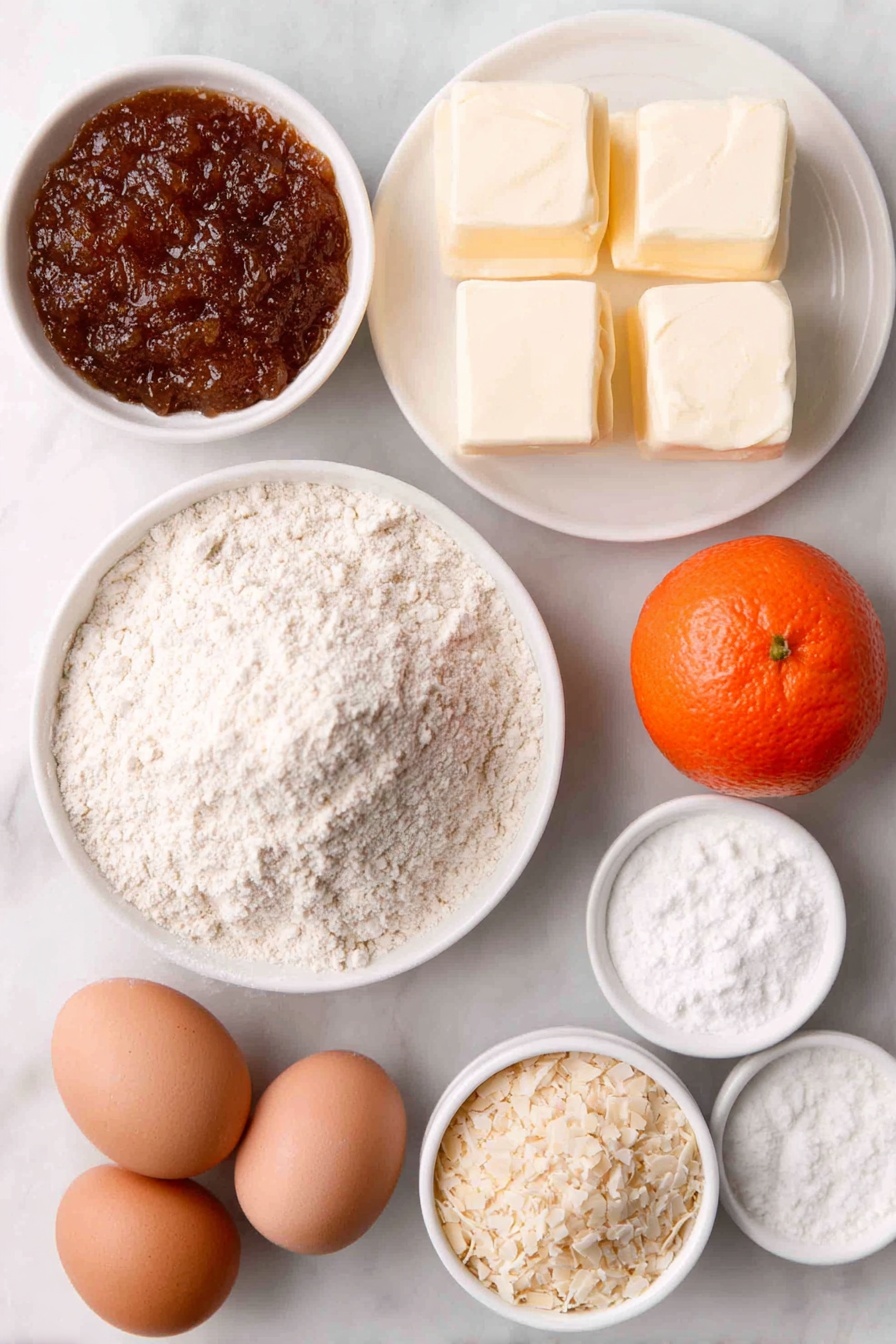 Festive Mince Pies with Frangipane Topping, mince pie recipe, holiday pastry ideas, almond frangipane topping, Christmas dessert recipes - Flat lay of a small mound of plain white flour on a simple white ceramic plate, a few large cubes of cold unsalted butter arranged neatly on another white ceramic dish, a small white ceramic bowl filled with golden mincemeat fruit filling, a fresh whole orange with a small strip of bright orange zest curling beside it on the surface, a small white ceramic bowl holding granulated white sugar, two clean whole brown eggs with uncracked shells placed side by side on the white marble, a small white ceramic bowl filled with pale beige ground almonds, a smaller white ceramic bowl containing plain white flour, a tiny heap of delicate pale beige flaked almonds on the marble surface, and a small white ceramic bowl with fine white powdered icing sugar arranged in perfect symmetry, placed on a clean white marble surface, soft natural light, photo taken with an iPhone, professional food photography style, fresh ingredients, white ceramic bowls, no bottles, no duplicates, no utensils, no packaging --ar 2:3 --v 7 --p m7354615311229779997