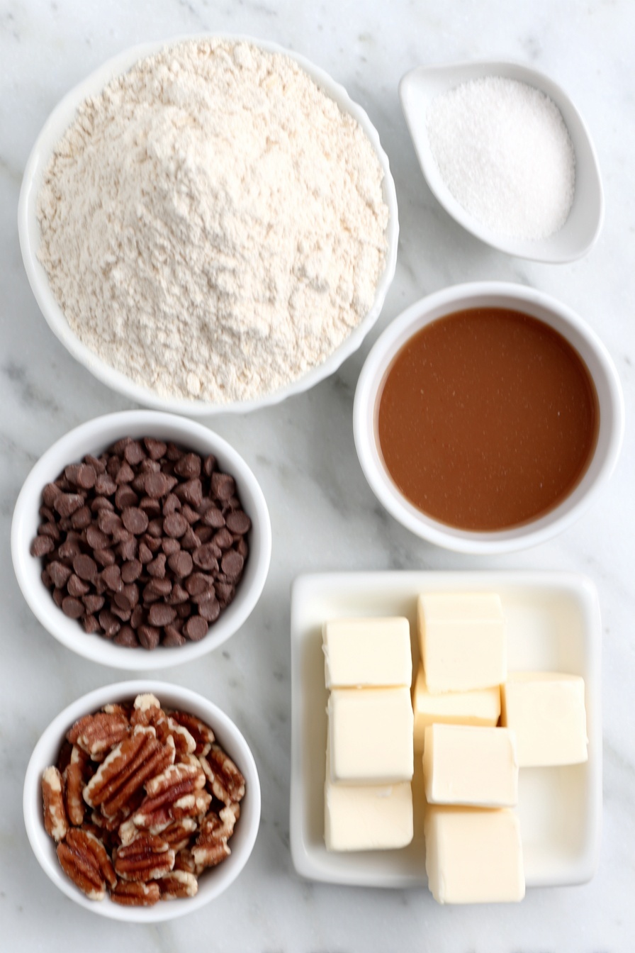 Chocolate Caramel Bars, easy caramel bar recipe, homemade chocolate bars, indulgent dessert bars, caramel and chocolate treats - Flat lay of a small mound of all-purpose flour, a small white ceramic bowl filled with quick-cooking oats, a small white bowl with packed brown sugar, a teaspoon of baking soda in a neat pile, a small heap of salt, several cold butter cubes arranged neatly, a small white bowl of semisweet chocolate chips, a small white bowl of chopped pecans, and a small white bowl of smooth caramel sauce, all ingredients fresh and natural, placed on a clean white marble surface, soft natural light, photo taken with an iPhone, professional food photography style, fresh ingredients, white ceramic bowls, no bottles, no duplicates, no utensils, no packaging --ar 2:3 --v 7 --p m7354615311229779997