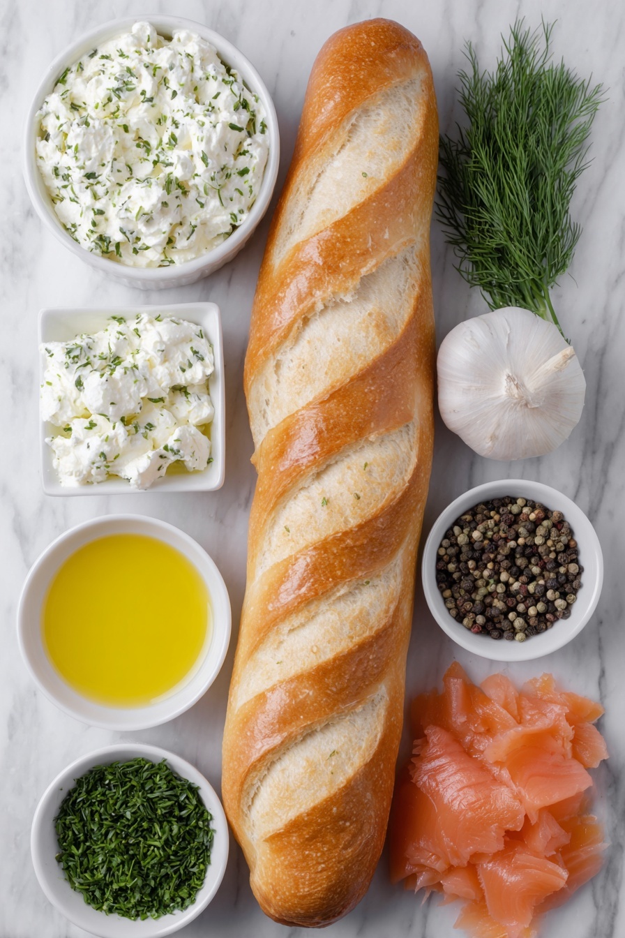 Smoked Salmon Crostini, smoked salmon appetizer, easy smoked salmon bites, elegant party appetizers, quick crostini recipes - Flat lay of a fresh whole baguette, several golden toasted baguette slices arranged neatly, a small white ceramic bowl of softened cream cheese, a small white bowl with freshly squeezed lemon juice, a small white bowl of chopped fresh dill, one whole garlic clove unpeeled, a small white bowl containing capers, a few sprigs of fresh dill, thin folded slices of cold smoked salmon, and a small white bowl with freshly cracked black pepper, all placed on a clean white marble surface, soft natural light, photo taken with an iPhone, professional food photography style, fresh ingredients, white ceramic bowls, no bottles, no duplicates, no utensils, no packaging --ar 2:3 --v 7 --p m7354615311229779997
