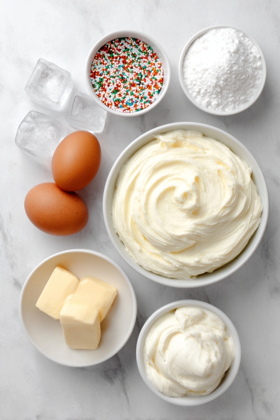 Sugar Cookie Martini, dessert cocktail recipes, festive drinks with alcohol, sweet creamy cocktails, easy holiday cocktails - Flat lay of a small bowl of creamy vanilla frosting, a small bowl of colorful round sprinkles, a small white bowl with whole milk, a small white bowl with Irish cream liqueur, a small white bowl with golden amaretto, a small white bowl with white powdered sugar, a few clear ice cubes, and a whole vanilla bean pod, all arranged symmetrically on a clean white marble surface, soft natural light, photo taken with an iPhone, professional food photography style, fresh ingredients, white ceramic bowls, no bottles, no duplicates, no utensils, no packaging --ar 2:3 --v 7 --p m7354615311229779997