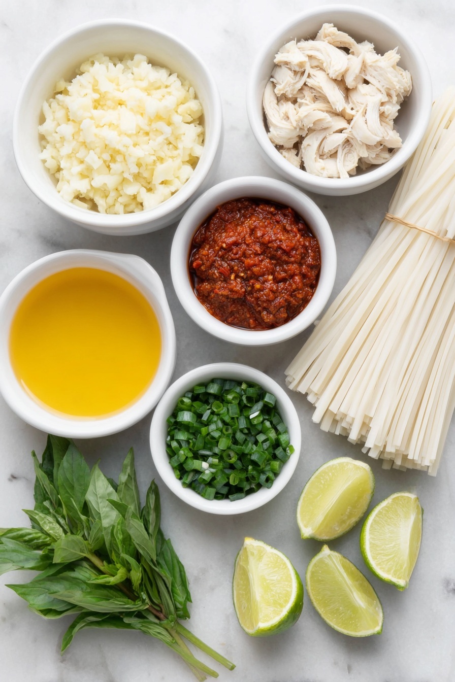 Thai Chicken Curry Soup, Thai Chicken Curry Soup recipe, easy Thai chicken soup, quick Thai curry soup, coconut chicken soup - Flat lay of a small white ceramic bowl of golden olive oil, a small white ceramic bowl with finely chopped pale yellow onion, a small white ceramic bowl holding grated fresh ginger with light beige fibrous texture, three whole uncracked garlic cloves with smooth white skins, a small white ceramic bowl filled with vibrant deep red Thai curry paste, a small white ceramic bowl of clear chicken broth with a warm amber tint, a small white ceramic bowl with fresh pale green lime juice, an uncooked bundle of thick 3mm rice noodles with delicate white translucent strands, a small white ceramic bowl of creamy white coconut milk, a small white ceramic bowl with shredded cooked chicken showing tender white and light brown pieces, a small pile of fresh bright green torn basil leaves, a small pile of chopped fresh vibrant green cilantro, a small pile of chopped fresh green scallions, and a few wedges of fresh lime with bright green rind and pale juicy flesh arranged in perfect symmetry, all placed on a clean white marble surface, soft natural light, photo taken with an iPhone, professional food photography style, fresh ingredients, white ceramic bowls, no bottles, no duplicates, no utensils, no packaging --ar 2:3 --v 7 --p m7354615311229779997