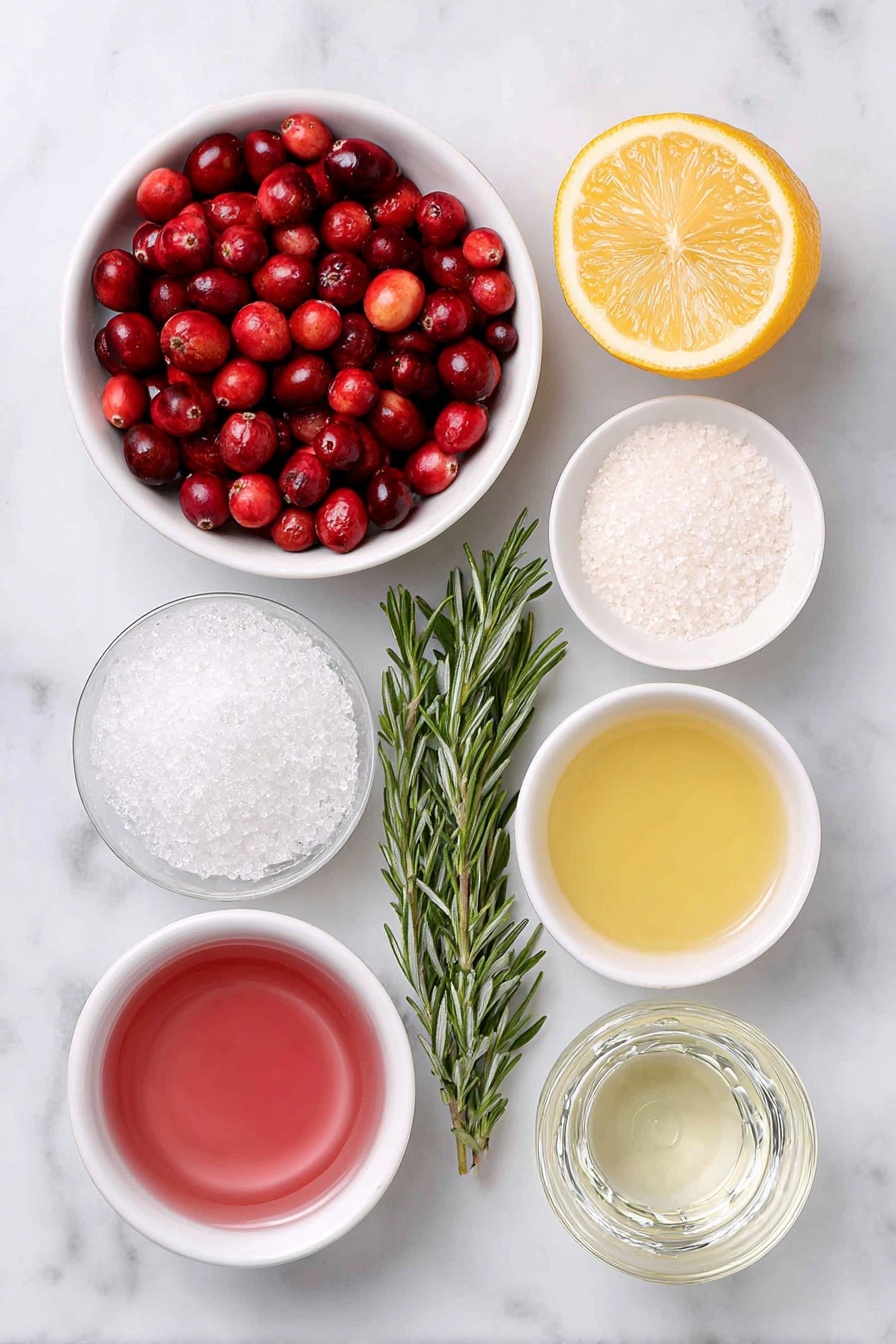 Festive Lemon Drop Cocktail, lemon drop cocktail, holiday cocktail recipes, festive drinks, cranberry lemon cocktail - Flat lay of a whole fresh lemon cut in half showing juicy pulp, a small white ceramic bowl filled with bright red cranberries, a single vibrant green rosemary sprig, a small white ceramic bowl with fine sparkling white sugar, a small white ceramic bowl containing clear simple syrup, a small white ceramic bowl holding deep pink cranberry juice, a small white ceramic bowl with pale yellow freshly squeezed lemon juice, and a small white ceramic bowl filled with clear vodka, all arranged in perfect symmetry and balanced proportions on a clean white marble surface, soft natural light, photo taken with an iPhone, professional food photography style, fresh ingredients, white ceramic bowls, no bottles, no duplicates, no utensils, no packaging --ar 2:3 --v 7 --p m7354615311229779997
