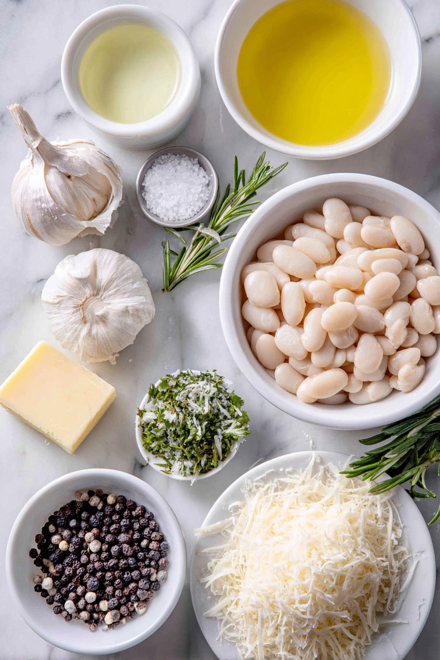 Creamy Butter Beans with Leeks, butter beans with leeks, savory leek and bean dish, comforting vegetarian main, easy creamy bean recipe - Flat lay of fresh whole garlic cloves, whole black peppercorns scattered, a sliced leek showing white and light green layers, a small white ceramic bowl with golden butter, a small white bowl with dry white wine, a fresh sprig of rosemary, a fresh sprig of thyme, a simple white bowl filled with rinsed cannellini beans, a small white bowl with clear vegetable broth, a small white bowl containing fine salt crystals, a wedge of lemon showing both zest and juice droplets, a handful of fresh flat-leaf parsley, finely grated sharp cheddar cheese mound on a white plate, finely grated vegetarian pecorino cheese pile on a separate white plate, all ingredients arranged symmetrically on a clean white marble surface, soft natural light, photo taken with an iPhone, professional food photography style, fresh ingredients, white ceramic bowls, no bottles, no duplicates, no utensils, no packaging --ar 2:3 --v 7 --p m7354615311229779997