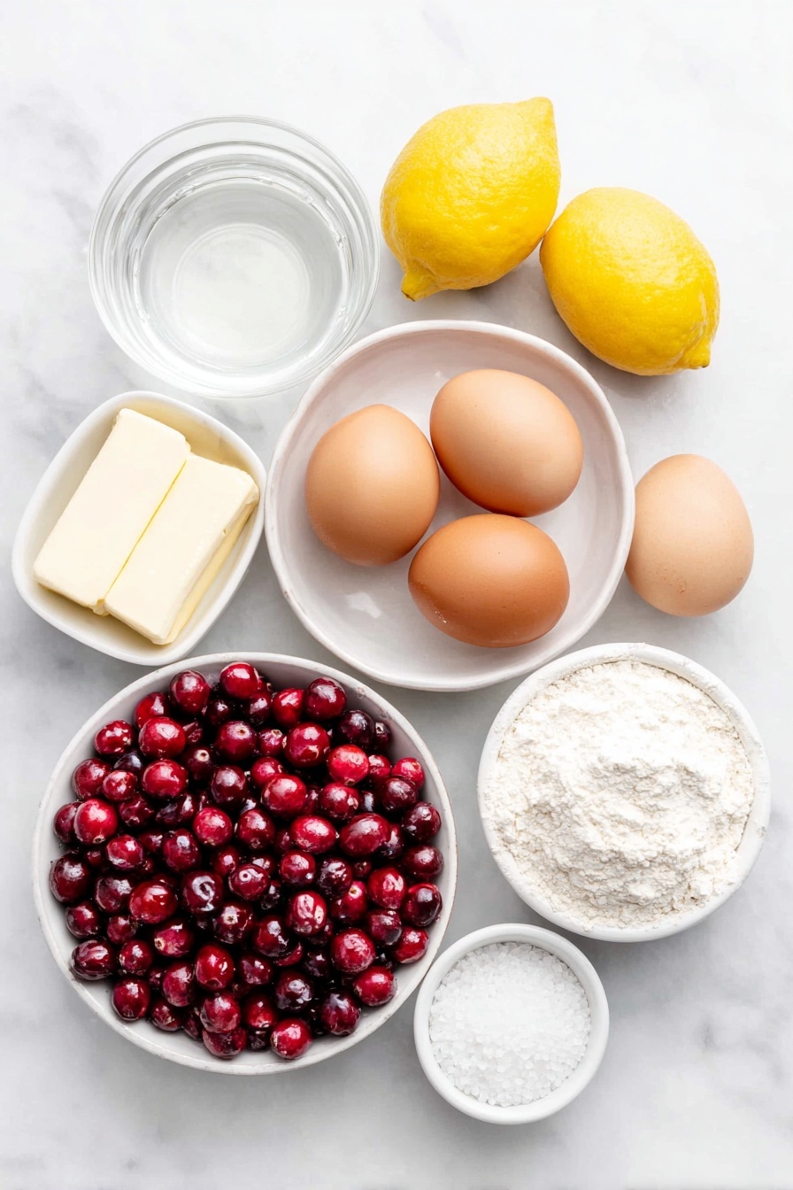 Cranberry Lemon Bars, cranberry lemon bars recipe, tart lemon bars with cranberries, easy cranberry lemon dessert, homemade cranberry lemon bars - Flat lay of fresh whole cranberries scattered beside a small white bowl of clear water, a small white bowl filled with granulated sugar, a stick of unsalted butter partially melted on a simple white ceramic plate, a small white bowl holding all-purpose flour, three whole uncracked brown eggs, three fresh whole lemons with one cut in half, a small white bowl containing pale lemon juice, and a smaller white bowl with fine white powdered sugar, all arranged in perfect symmetry on a clean white marble surface, soft natural light, photo taken with an iPhone, professional food photography style, fresh ingredients, white ceramic bowls, no bottles, no duplicates, no utensils, no packaging --ar 2:3 --v 7 --p m7354615311229779997