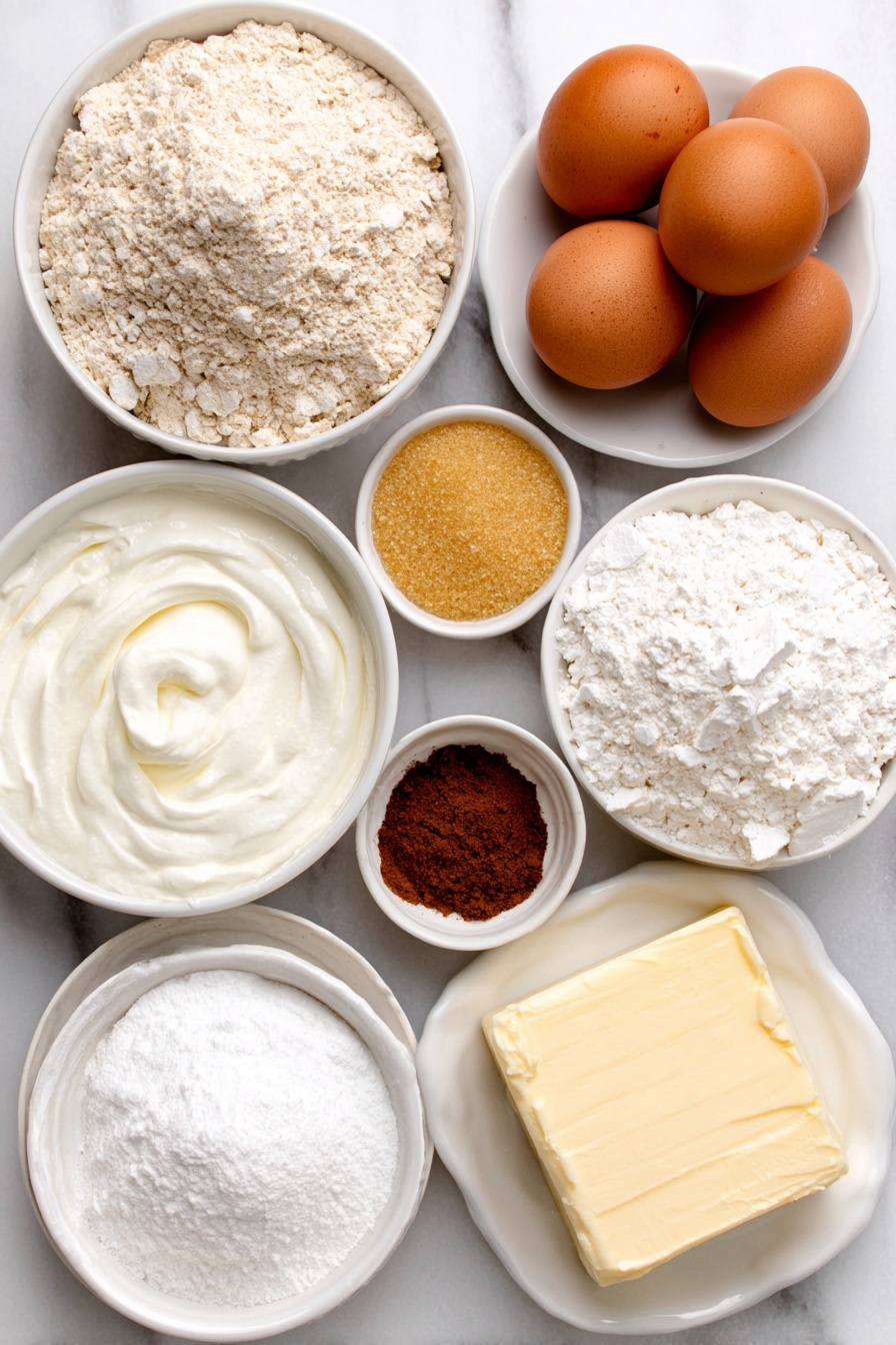 Healthy Greek Yogurt Pancakes, Greek Yogurt Pancakes, Healthy Breakfast Recipes, Fluffy Protein Pancakes, Easy Greek Yogurt Breakfast - Flat lay of a small white ceramic bowl of light brown oat flour, a small white ceramic bowl of pale all-purpose flour, a small white ceramic bowl of golden granulated sugar, a small white ceramic bowl of fine sea salt, a small white ceramic bowl of cinnamon powder, two whole uncracked brown eggs, a small white ceramic bowl of creamy vanilla Greek yogurt, a small white ceramic bowl of golden milk, a small white ceramic bowl of white baking powder, a small white ceramic bowl of pale baking soda, a few green sticks of fresh vanilla, a small piece of golden salted butter placed on a simple white ceramic dish, all ingredients arranged symmetrically and looking fresh and natural placed on a clean white marble surface, soft natural light, photo taken with an iPhone, professional food photography style, fresh ingredients, white ceramic bowls, no bottles, no duplicates, no utensils, no packaging --ar 2:3 --v 7 --p m7354615311229779997