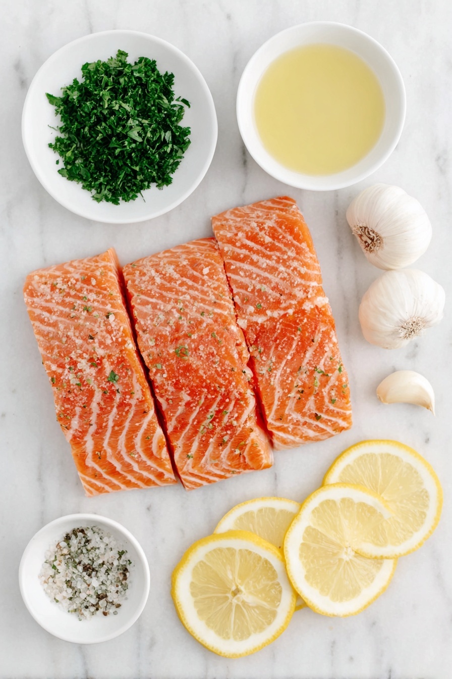 Oven-Baked Lemon Herb Salmon, Honey Lemon Salmon, Baked Salmon with Herbs and Lemon, Healthy Salmon Dinner, Easy Salmon Recipes - Flat lay of fresh pink salmon fillets with skin on, a small pile of finely chopped bright green parsley, three whole garlic cloves with smooth white skins, a small white ceramic bowl filled with clear golden olive oil, a small white ceramic bowl with pale yellow fresh lemon juice, a small white ceramic bowl containing smooth pale yellow Dijon mustard, a small white ceramic bowl of fine white sea salt, a small white ceramic bowl with freshly cracked black pepper, and four thin lemon rings with bright yellow rinds arranged neatly, all placed on a clean white marble surface, soft natural light, photo taken with an iPhone, professional food photography style, fresh ingredients, white ceramic bowls, no bottles, no duplicates, no utensils, no packaging --ar 2:3 --v 7 --p m7354615311229779997