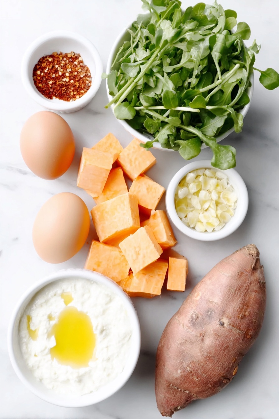 Creamy Sweet Potato Soup with Ginger, healthy sweet potato soup, cozy ginger soup recipe, easy creamy vegetable soup, comforting fall soup - Flat lay of a small bunch of fresh watercress with bright green leaves, a few whole uncracked brown eggs, peeled and diced sweet potatoes with vibrant orange flesh, three freshly sliced orange carrots, a whole yellow onion with papery skin, two garlic cloves with white smooth skins, a small pile of finely chopped fresh ginger root showing its pale yellow interior, a small white ceramic bowl containing red pepper flakes, another small white bowl with paprika powder, a simple white ceramic bowl filled with creamy white coconut cream, a few shelled green pistachios scattered nearby, and a small white ceramic bowl holding golden avocado oil, all arranged with perfect symmetry on a clean white marble surface, soft natural light, photo taken with an iPhone, professional food photography style, fresh ingredients, white ceramic bowls, no bottles, no duplicates, no utensils, no packaging --ar 2:3 --v 7 --p m7354615311229779997