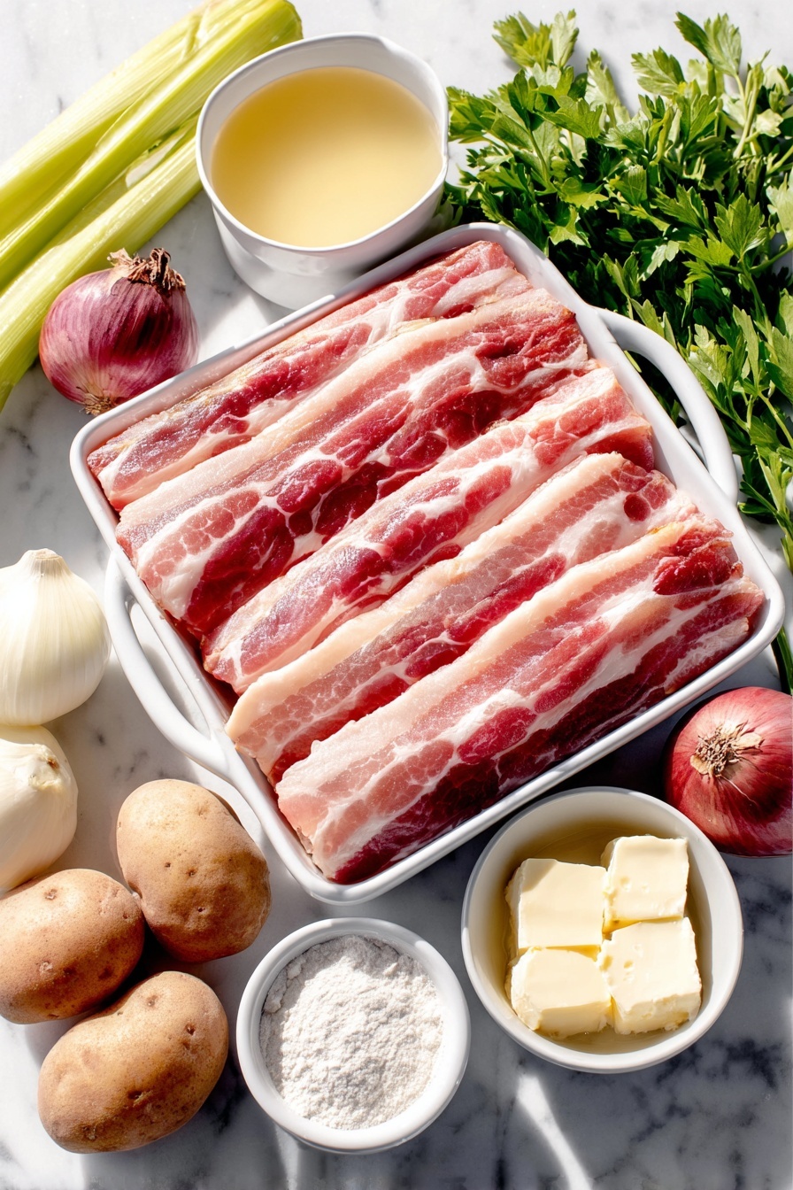 Creamy Clam Chowder, best clam chowder, hearty seafood soup, easy clam chowder recipe, comforting seafood soup - Flat lay of six uncooked bacon slices arranged neatly, two celery stalks with fresh green leaves, one whole shallot with purplish skin, one white onion with smooth skin, three unpeeled garlic cloves, three small red potatoes, peeled and cubed in a small white ceramic bowl, a small white bowl filled with chicken broth, a small white bowl containing half-and-half cream, a small white bowl with all-purpose flour, a few fresh flat-leaf parsley sprigs, one fresh bay leaf, and a small white bowl of clam juice, all placed on a clean white marble surface, soft natural light, photo taken with an iPhone, professional food photography style, fresh ingredients, white ceramic bowls, no bottles, no duplicates, no utensils, no packaging --ar 2:3 --v 7 --p m7354615311229779997